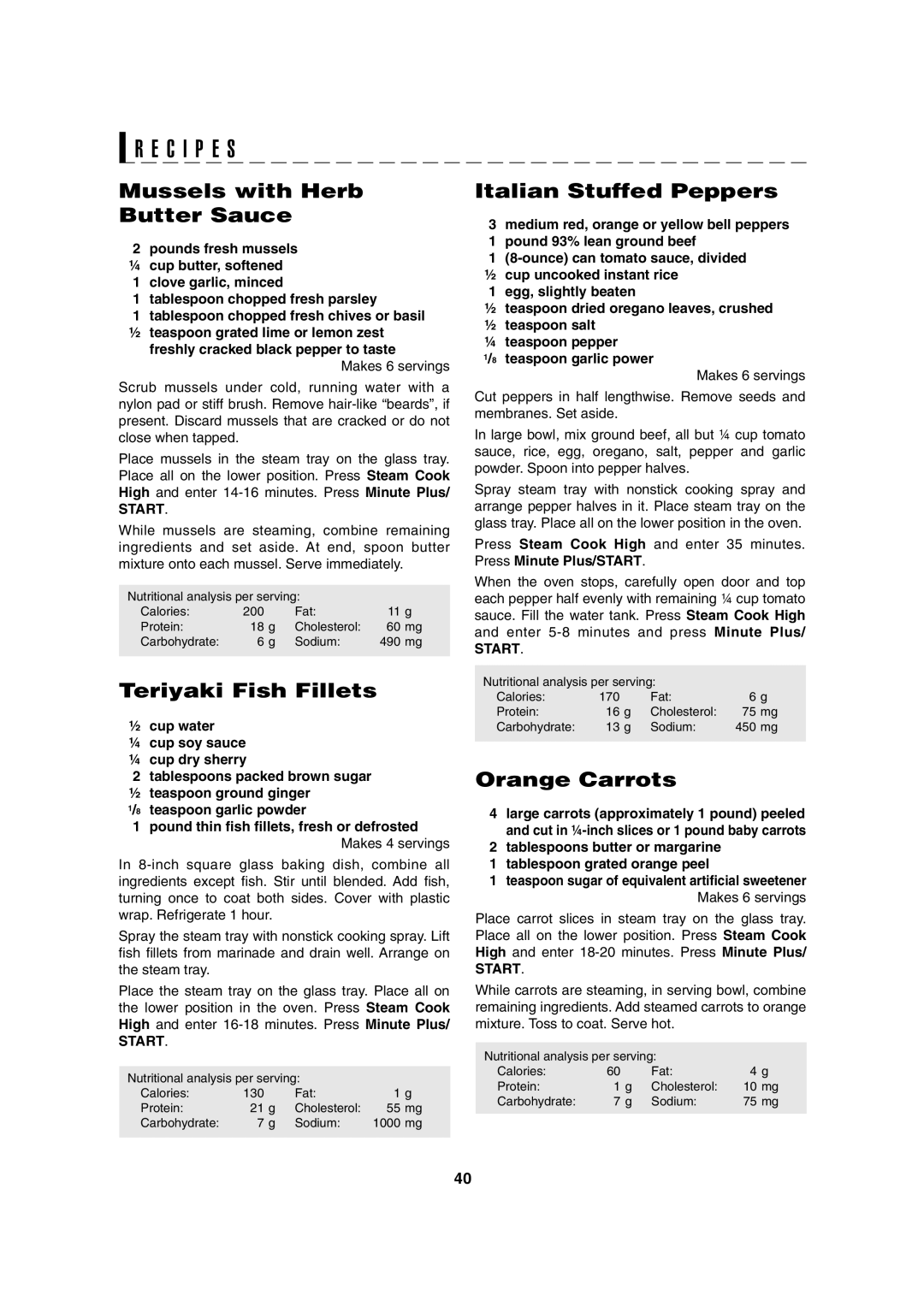 Sharp AX-1100S, AX-1100R Mussels with Herb Butter Sauce, Teriyaki Fish Fillets, Italian Stuffed Peppers, Orange Carrots 