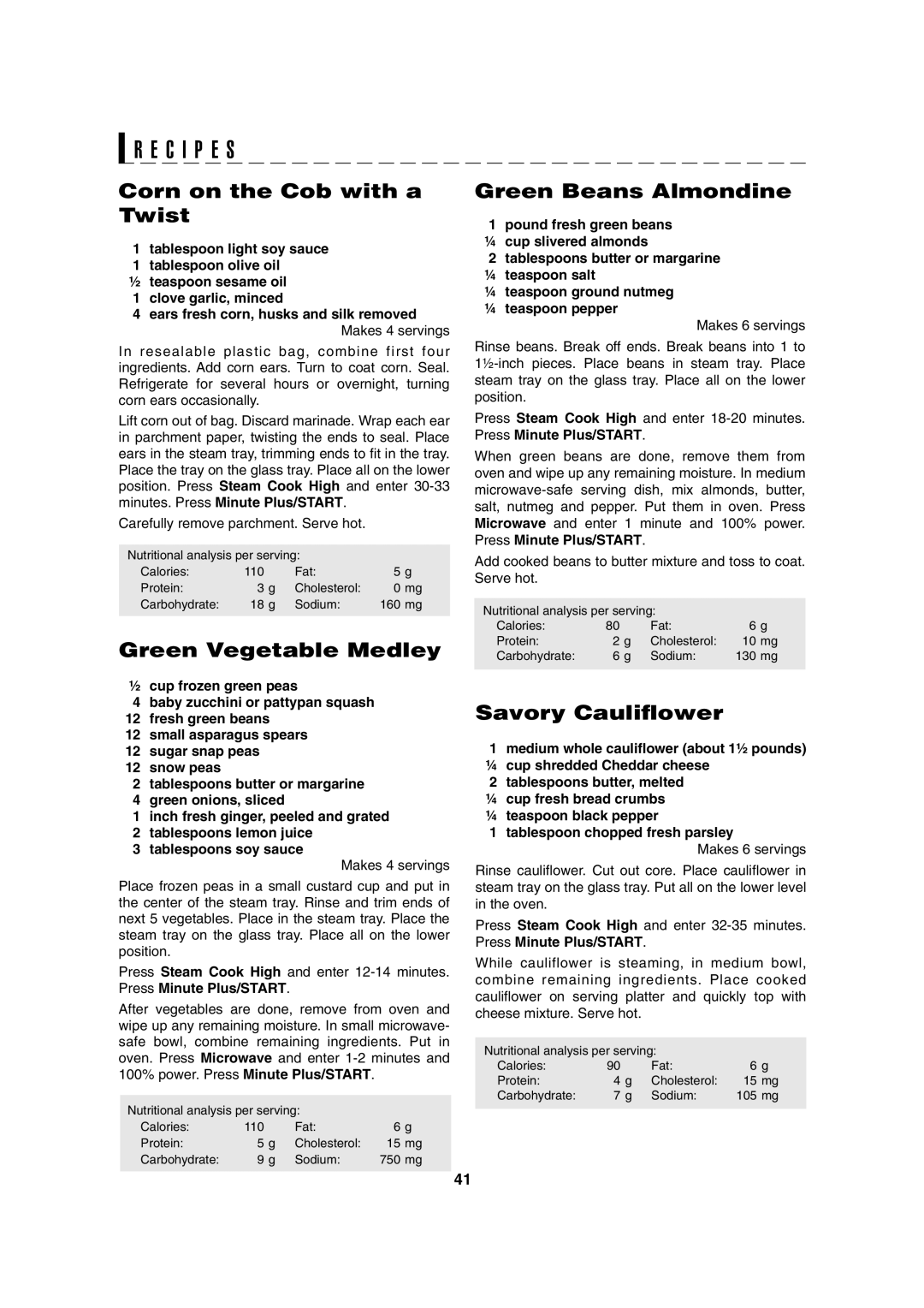 Sharp AX-1100R, AX-1100S Corn on the Cob with a Twist, Green Vegetable Medley, Green Beans Almondine, Savory Cauliﬂower 