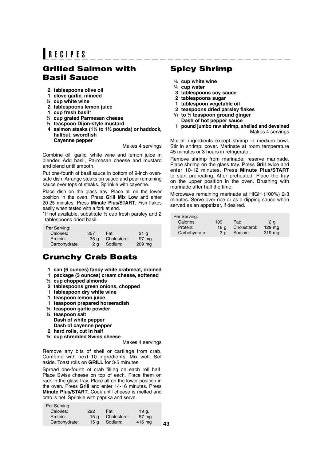 Sharp AX-1100R, AX-1100S operation manual Grilled Salmon with Basil Sauce, Spicy Shrimp, Crunchy Crab Boats 