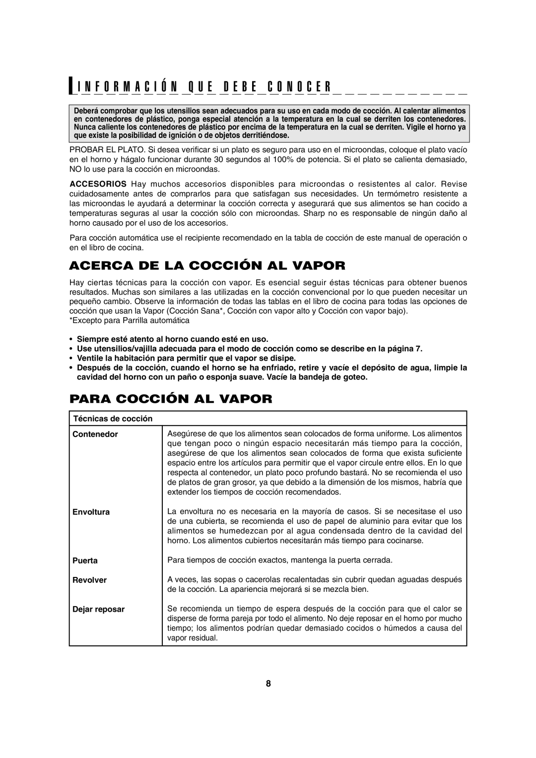 Sharp AX-1100S, AX-1100R operation manual Acerca DE LA Cocción AL Vapor, Para Cocción AL Vapor 