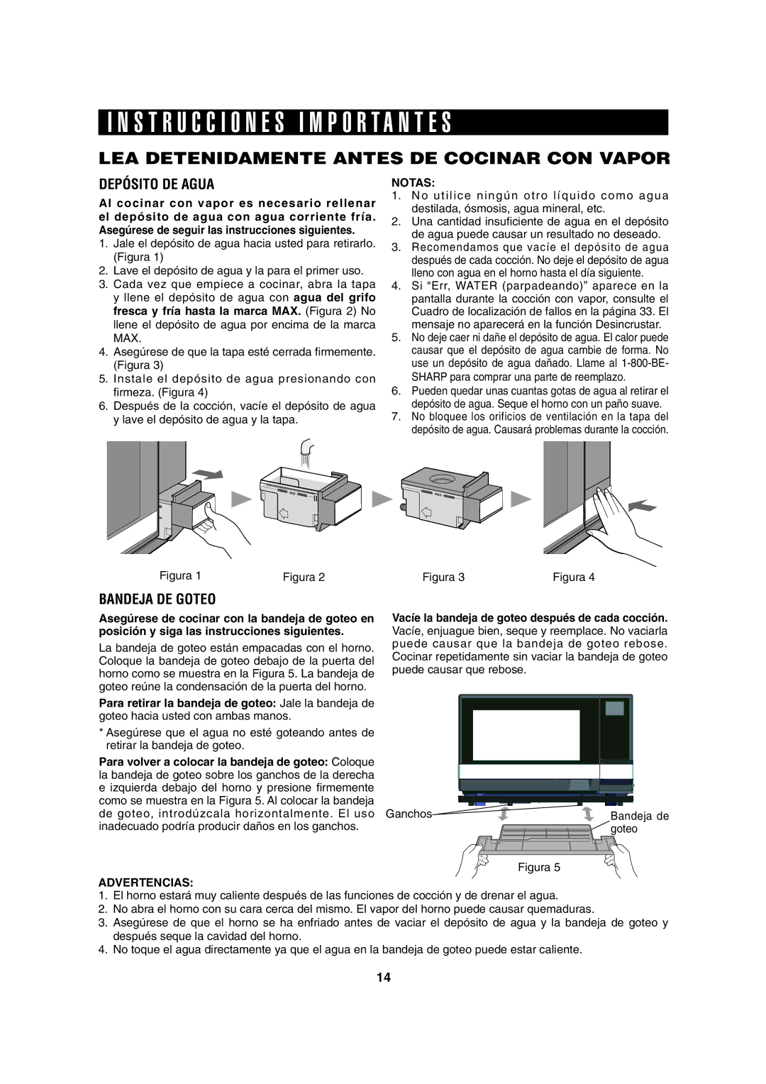 Sharp AX-1100S, AX-1100R LEA Detenidamente Antes DE Cocinar CON Vapor, Depósito DE Agua, Bandeja DE Goteo, Advertencias 