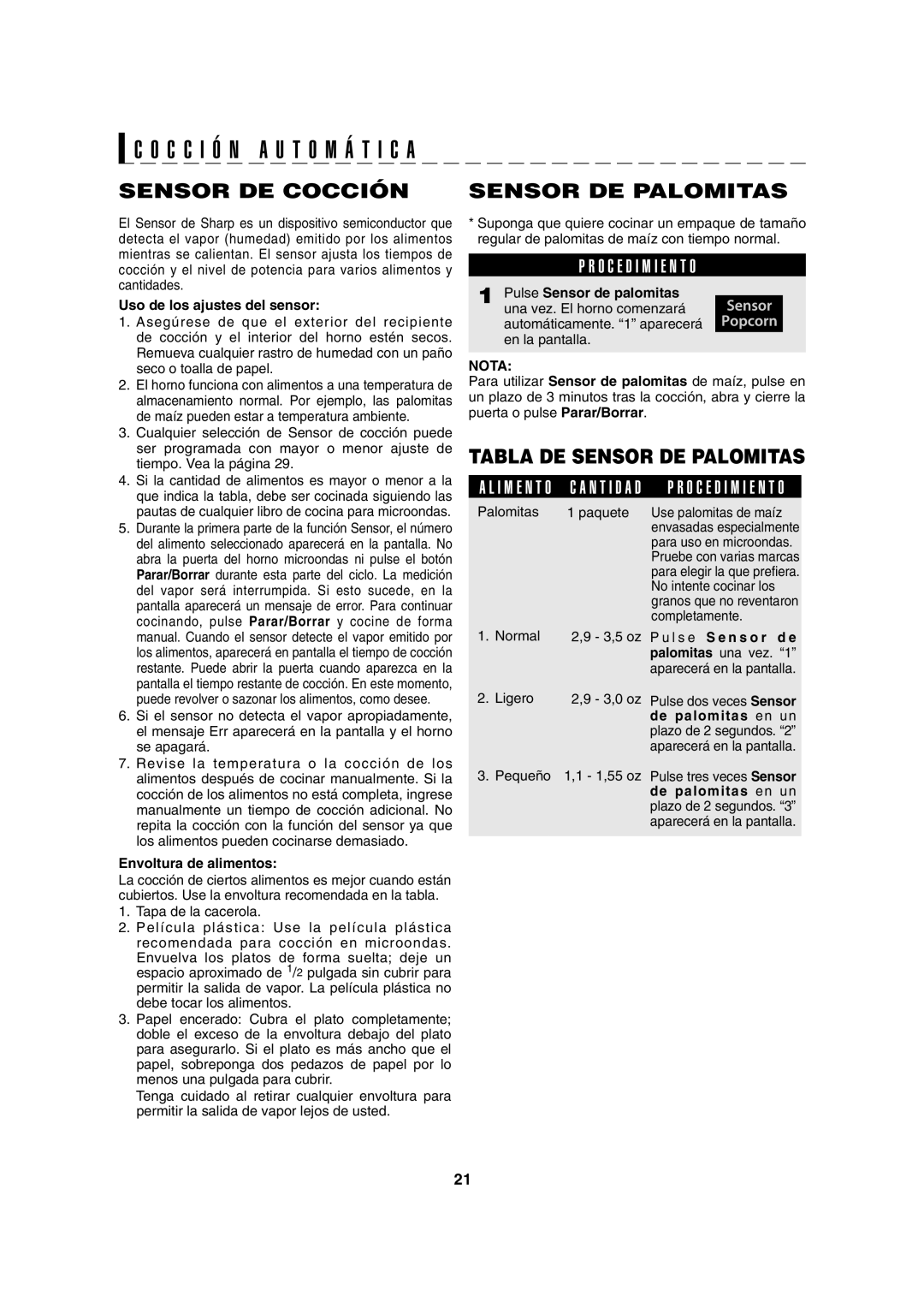 Sharp AX-1100R, AX-1100S operation manual Sensor DE Cocción Sensor DE Palomitas, Tabla DE Sensor DE Palomitas 