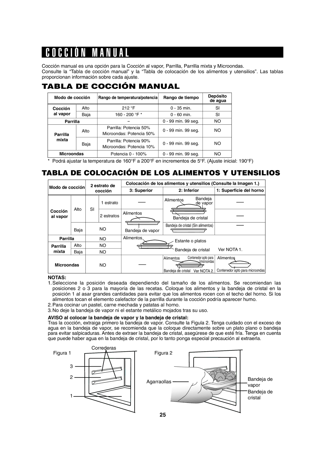 Sharp AX-1100R C C I Ó N M a N U a L, Tabla DE Cocción Manual, Tabla DE Colocación DE LOS Alimentos Y Utensilios, Vapor 