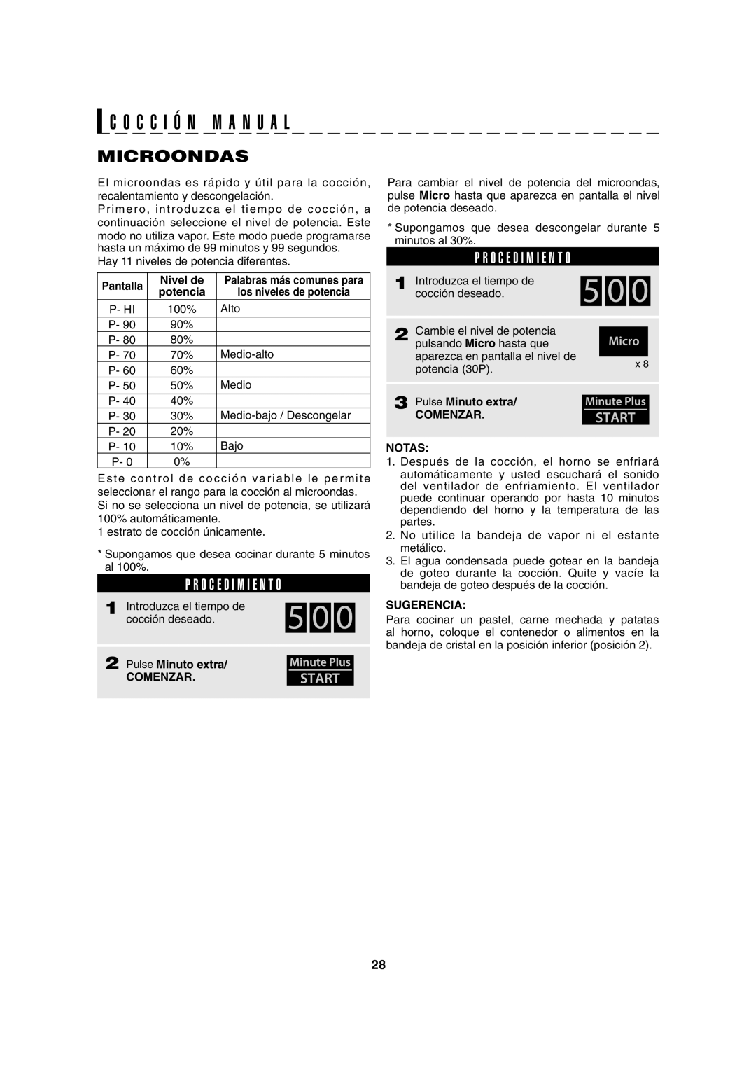 Sharp AX-1100S, AX-1100R operation manual Microondas, Pantalla Nivel de, Potencia Los niveles de potencia, Sugerencia 