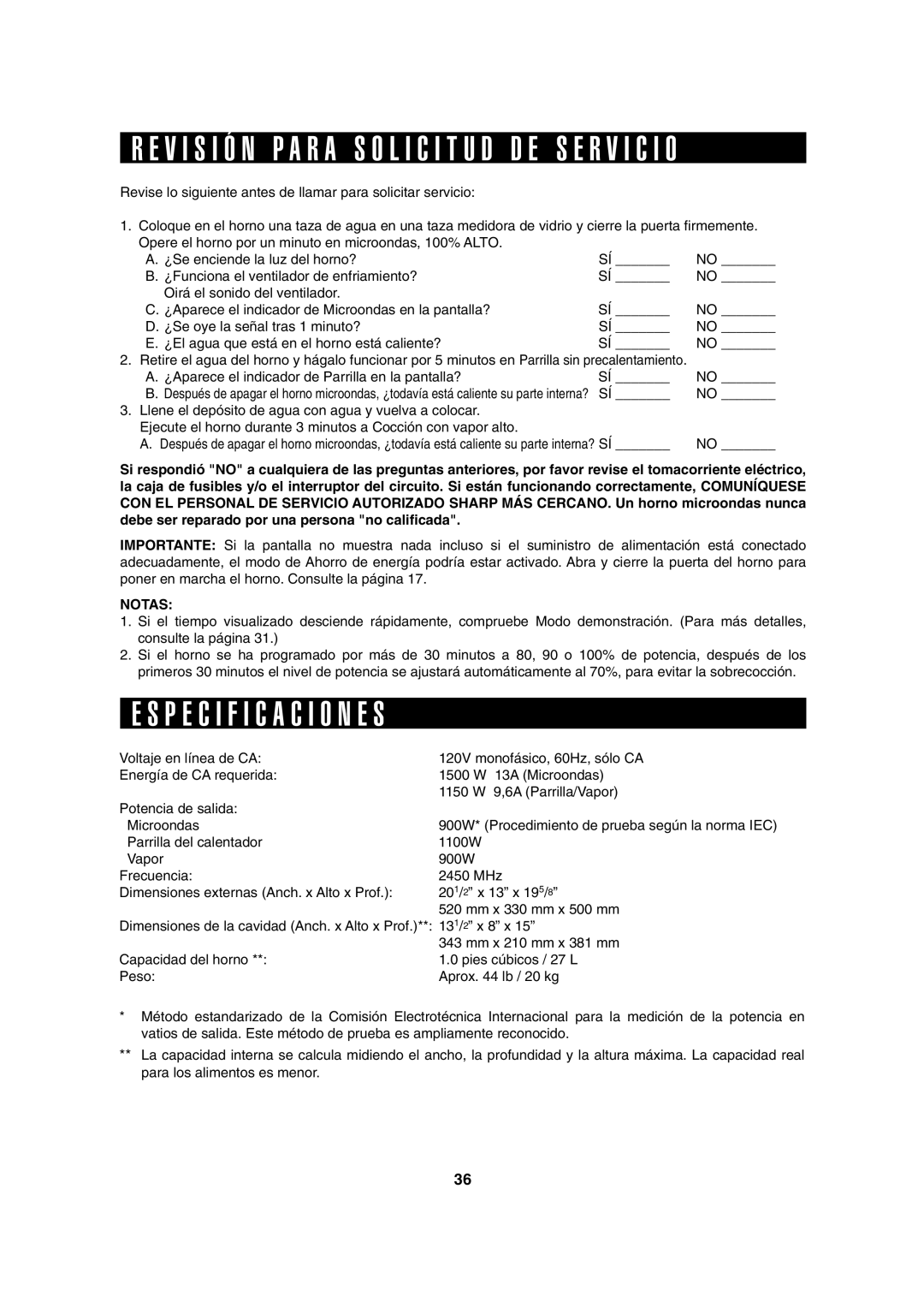 Sharp AX-1100S, AX-1100R operation manual P E C I F I C a C I O N E S, ¿Aparece el indicador de Parrilla en la pantalla? 