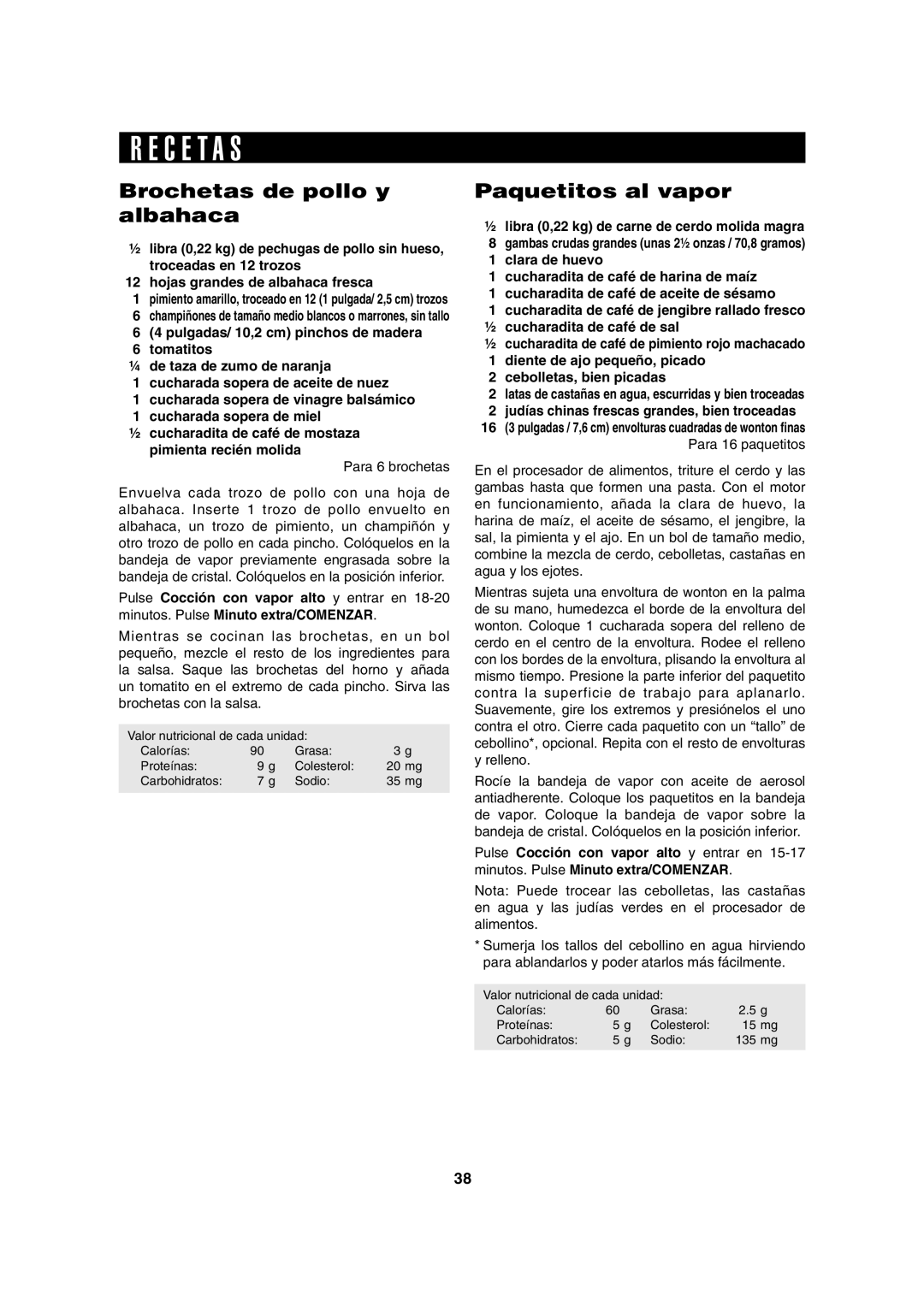 Sharp AX-1100S, AX-1100R operation manual C E T a S, Brochetas de pollo y albahaca, Paquetitos al vapor, Para 6 brochetas 