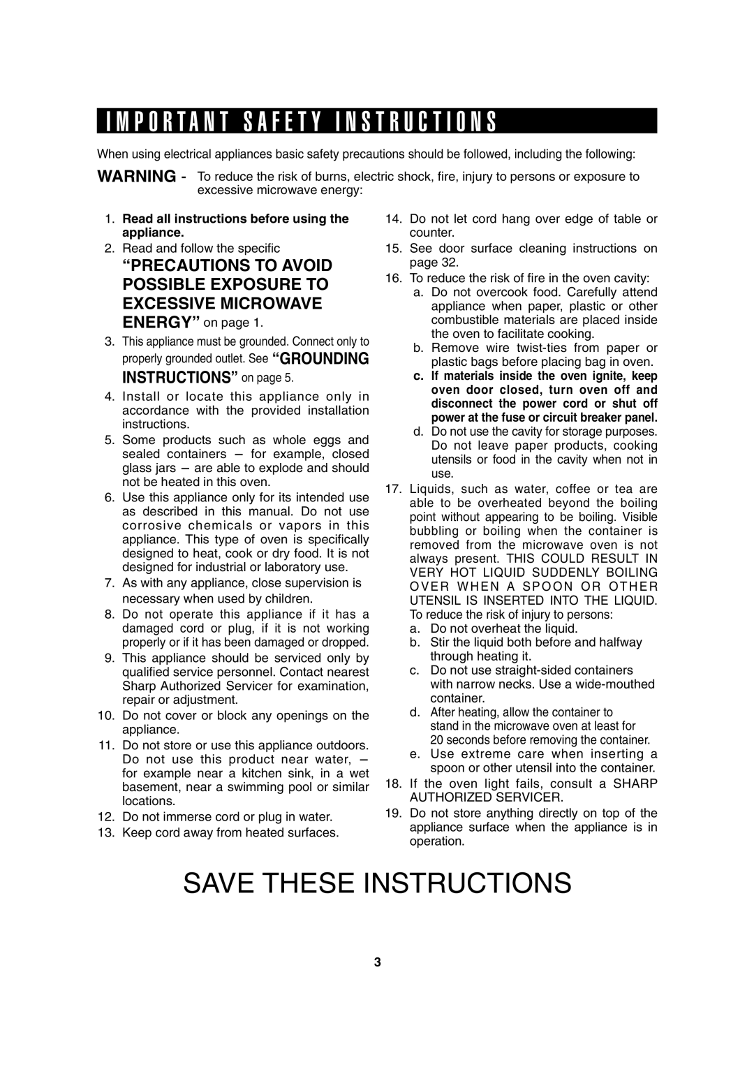 Sharp AX-1100R Save These Instructions, I M P O R T A N T S A F E T Y I N S T R U C T I O N S, INSTRUCTIONS” on page 