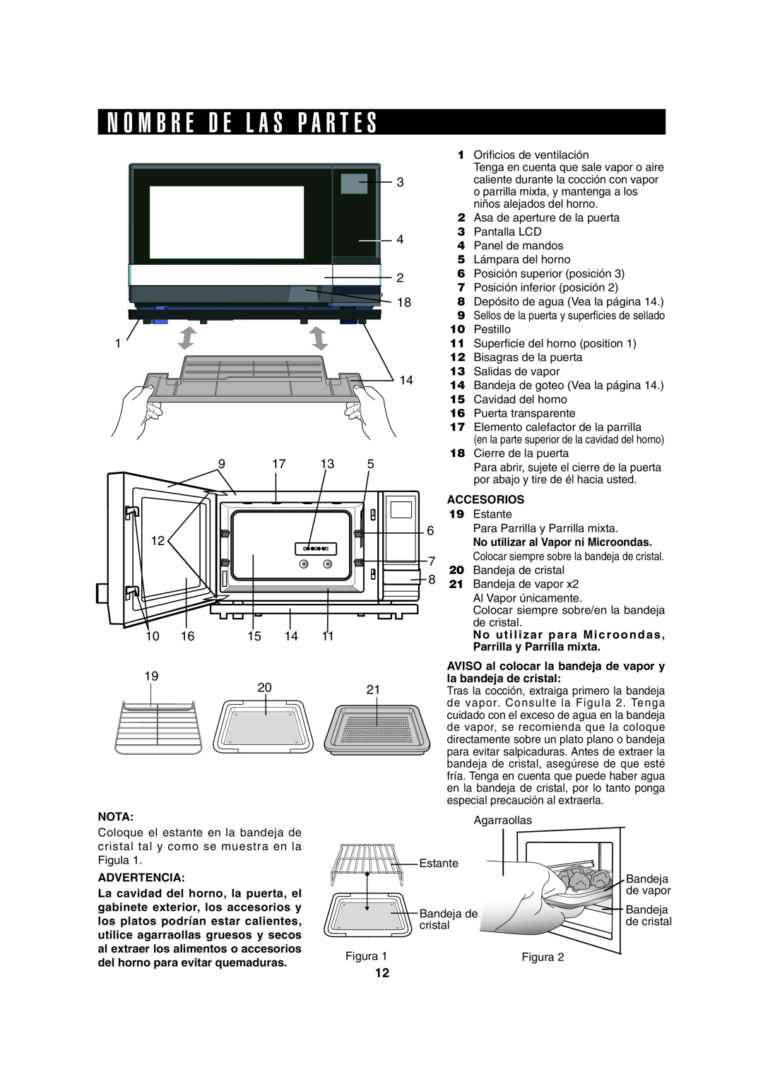 Sharp AX-1100S N O M B R E D E L A S P A R T E S, Accesorios, No utilizar para Microondas, Parrilla y Parrilla mixta, Nota 