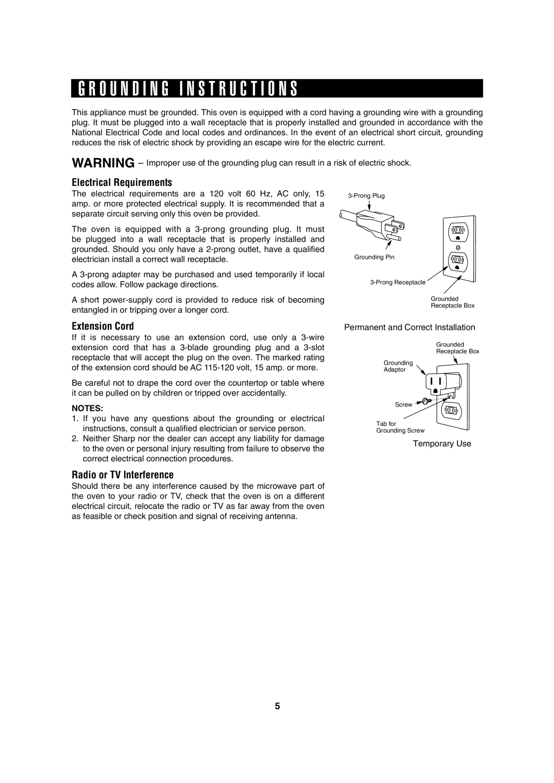 Sharp AX-1100R, AX-1100S operation manual G R O U N D I N G I N S T R U C T I O N S, Electrical Requirements, Extension Cord 