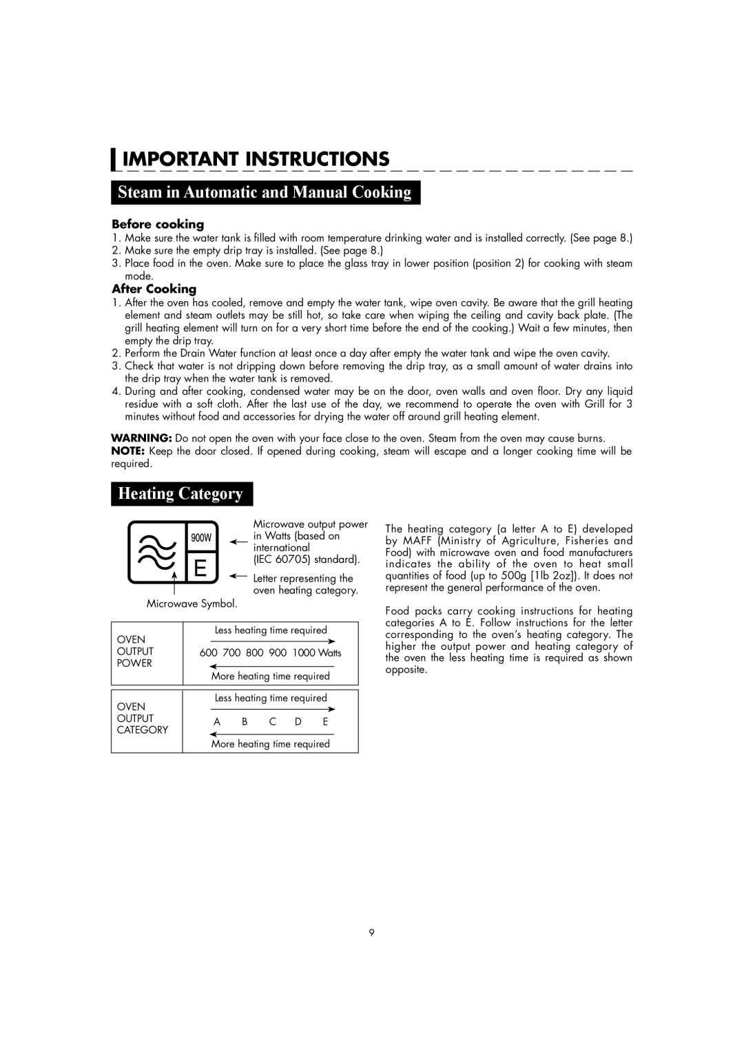 Sharp AX-1110(SL)M manual Important Instructions, Steam in Automatic and Manual Cooking, Heating Category, Before cooking 