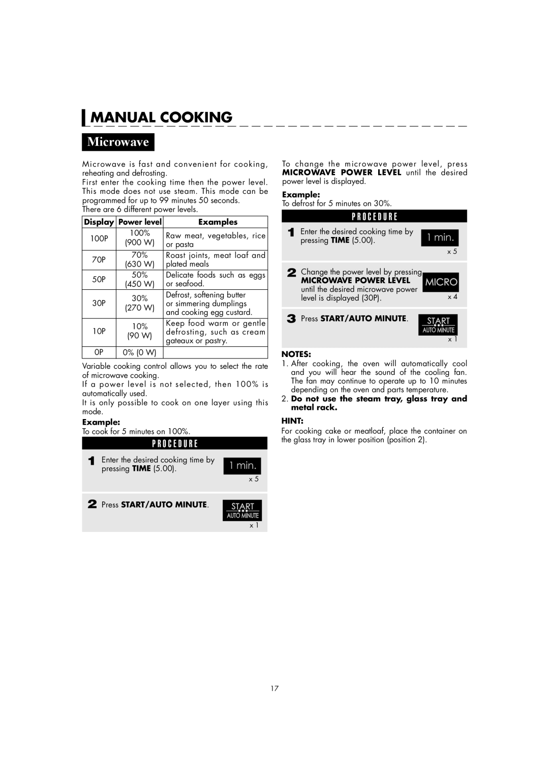 Sharp AX-1110(SL)M manual Microwave Power Level, Hint 