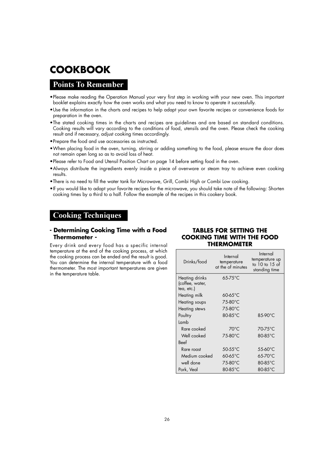 Sharp AX-1110(SL)M Cookbook, Points To Remember, Cooking Techniques, Determining Cooking Time with a Food Thermometer 