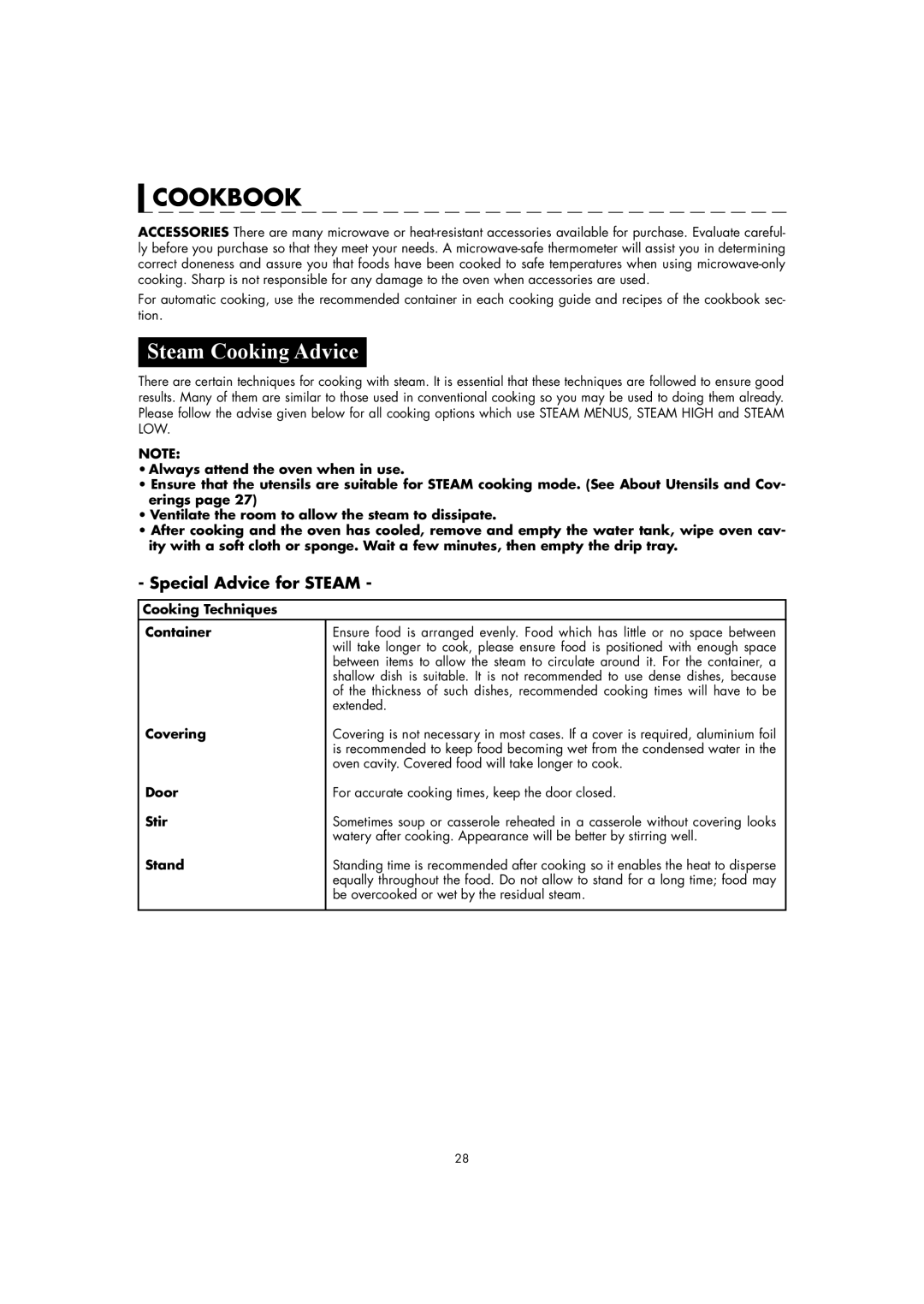 Sharp AX-1110(SL)M manual Steam Cooking Advice, Special Advice for Steam 