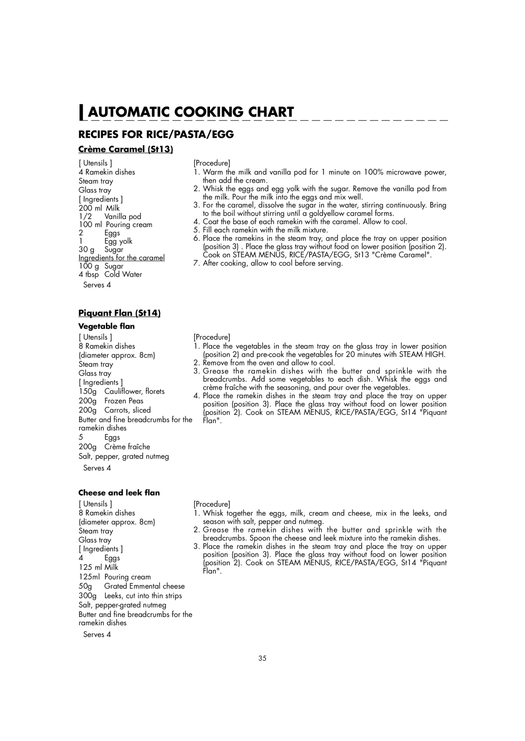 Sharp AX-1110(SL)M Crème Caramel St13, Piquant Flan St14, After cooking, allow to cool before serving, Vegetable flan 