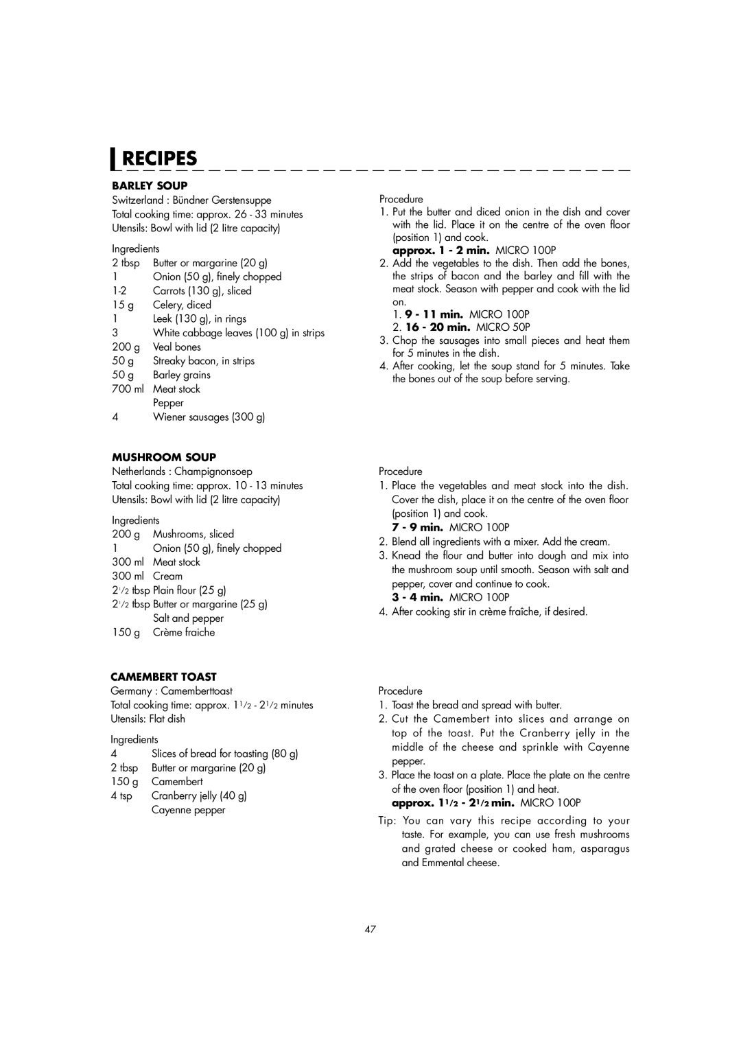 Sharp AX-1110(SL)M manual Recipes, Barley Soup 