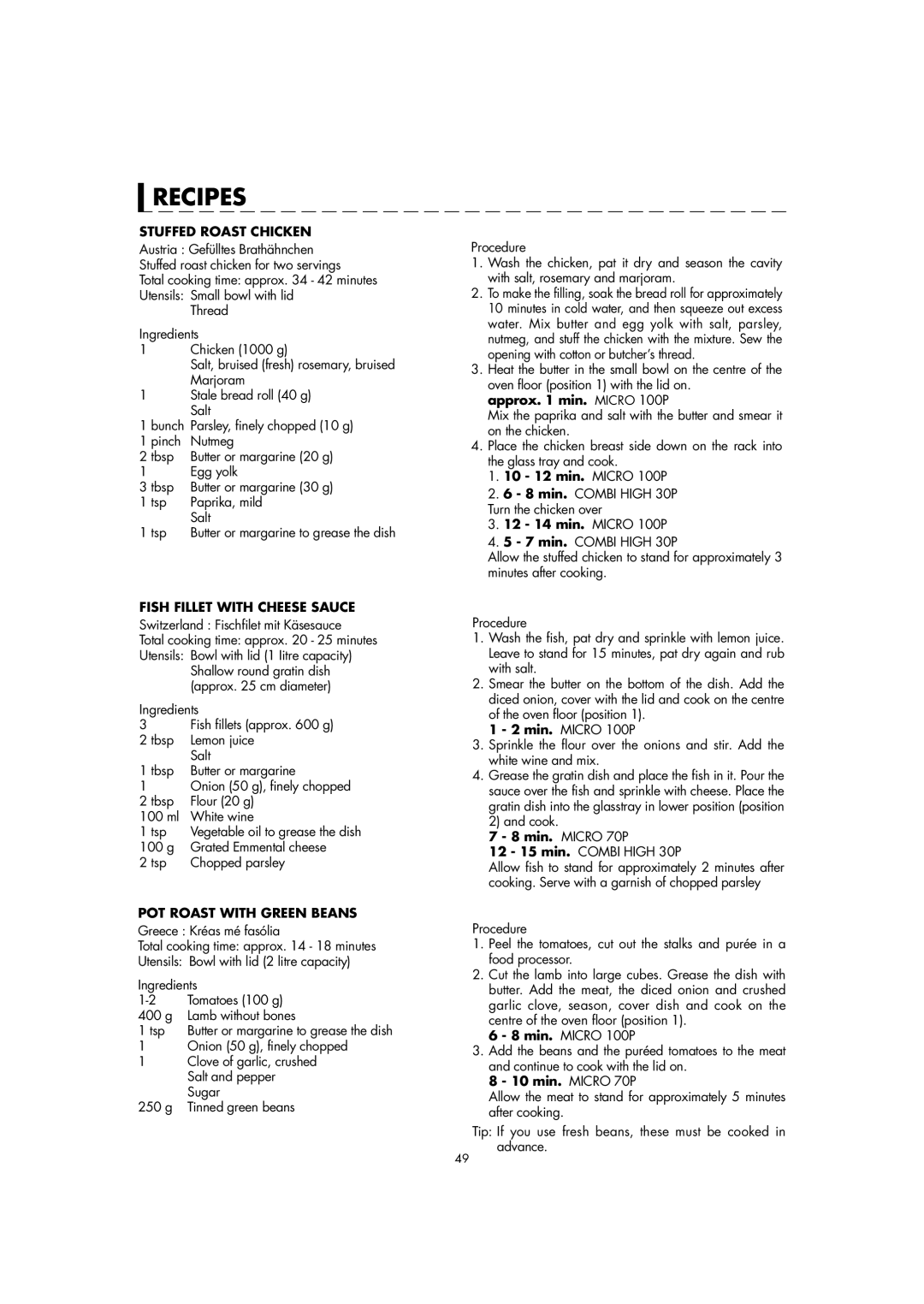 Sharp AX-1110(SL)M manual Stuffed Roast Chicken, Fish Fillet with Cheese Sauce, POT Roast with Green Beans 