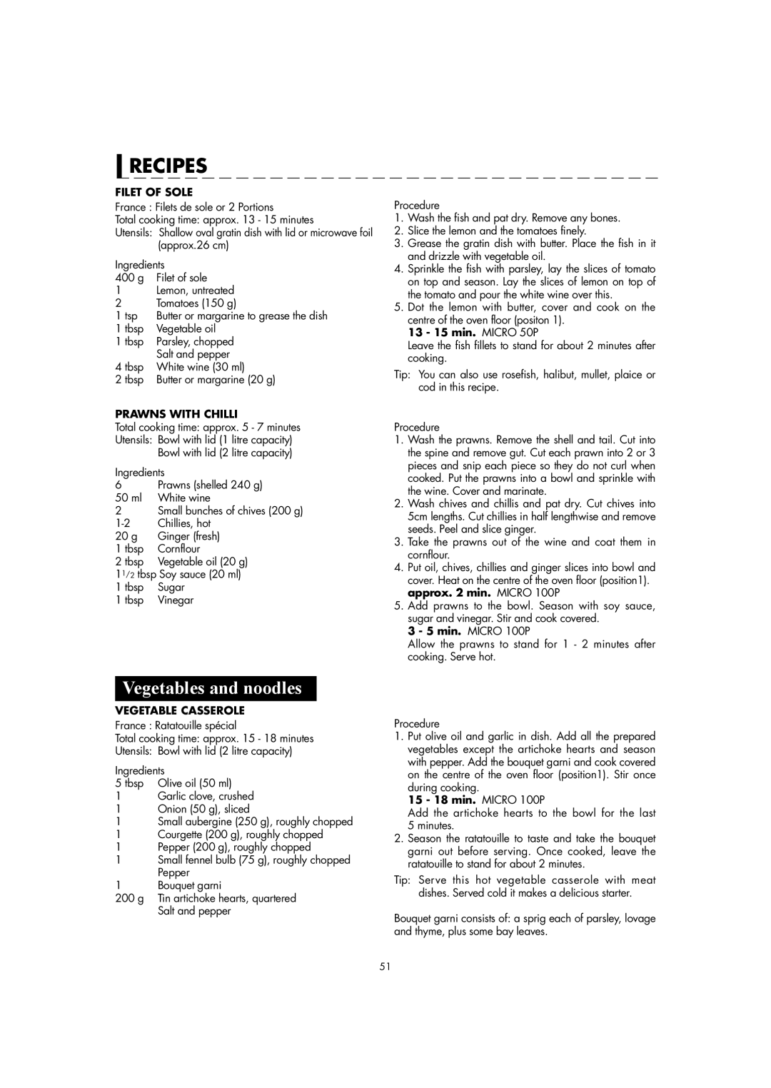 Sharp AX-1110(SL)M manual Vegetables and noodles, Filet of Sole, Prawns with Chilli, Vegetable Casserole 