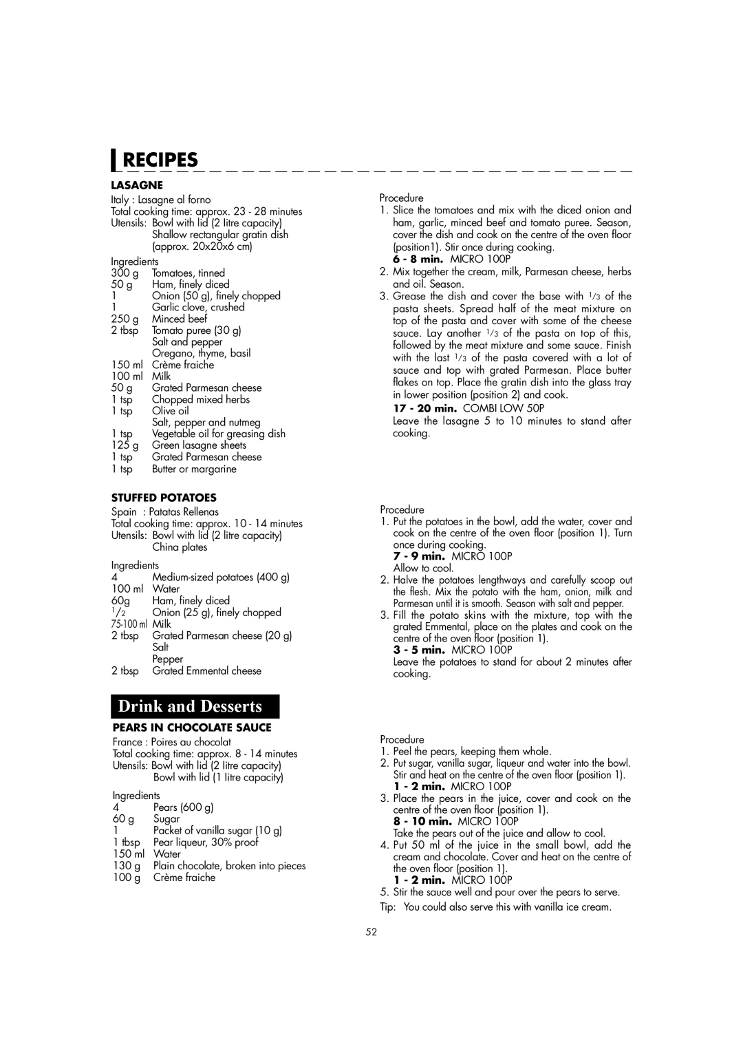 Sharp AX-1110(SL)M manual Drink and Desserts, Lasagne, Stuffed Potatoes, Pears in Chocolate Sauce 