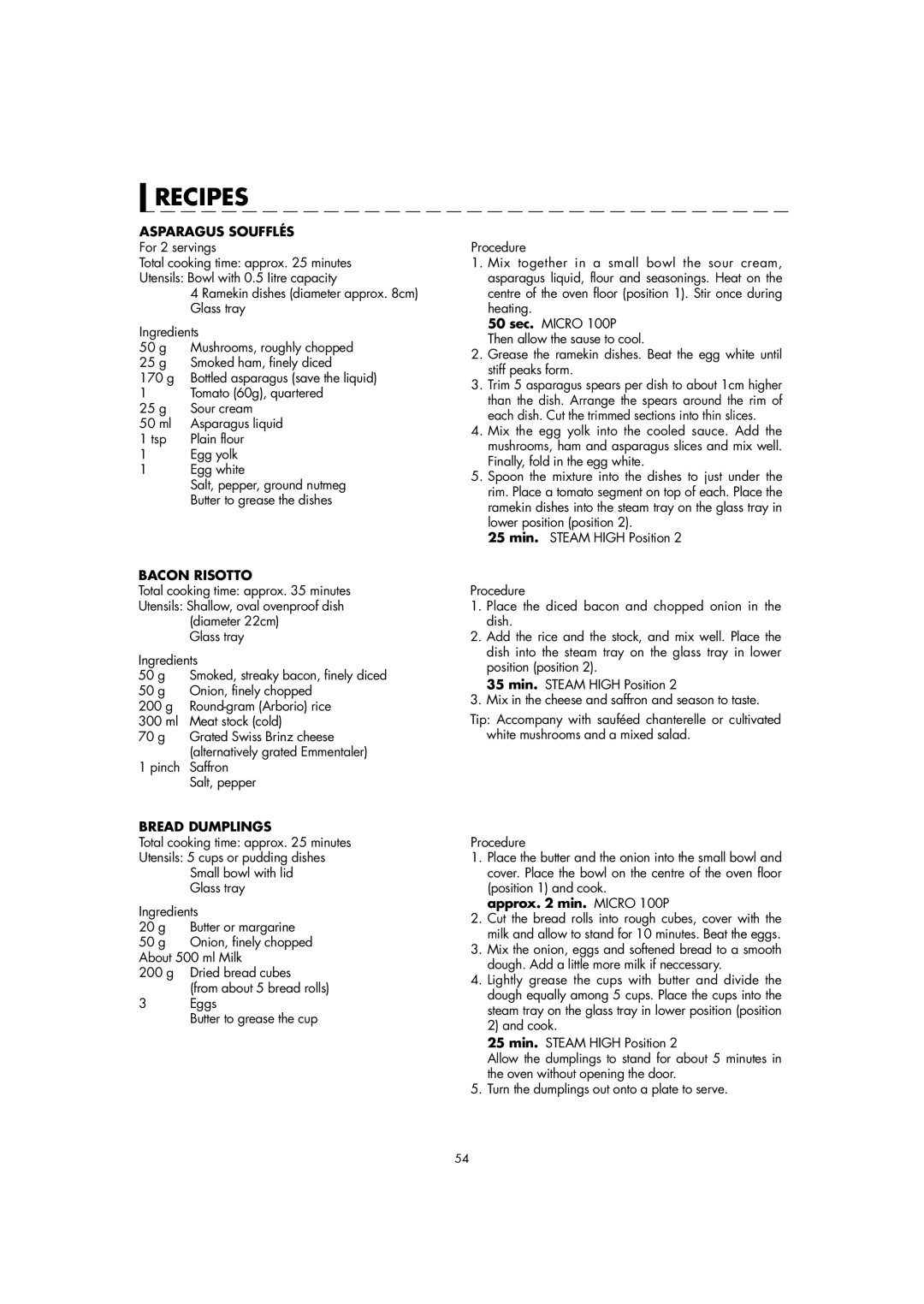 Sharp AX-1110(SL)M manual Asparagus Soufflés, Tsp Plain flour Egg yolk Egg white, Bacon Risotto, Pinch Saffron Salt, pepper 
