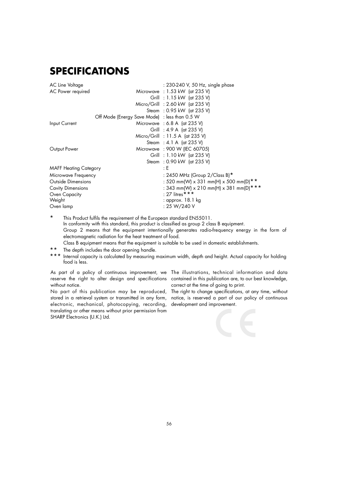 Sharp AX-1110(SL)M manual Specifications, Grill At 235 Micro/Grill 11.5 a Steam Output Power, Iec 