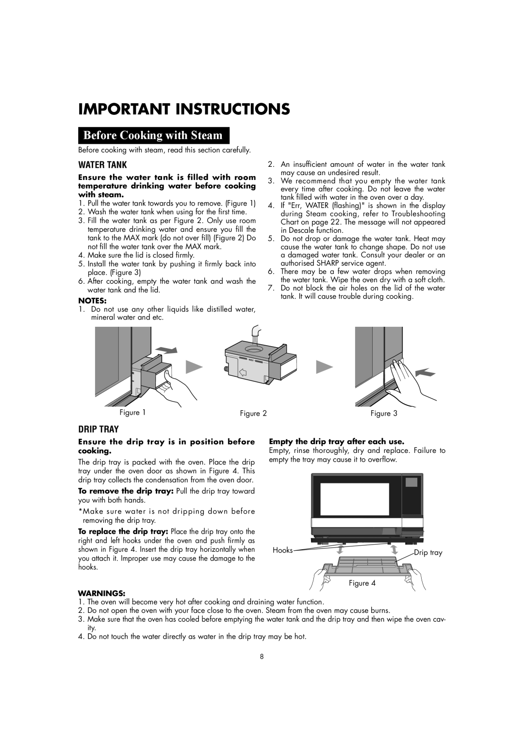 Sharp AX-1110(SL)M manual Important Instructions, Before Cooking with Steam, Water Tank, Drip Tray, Warnings 