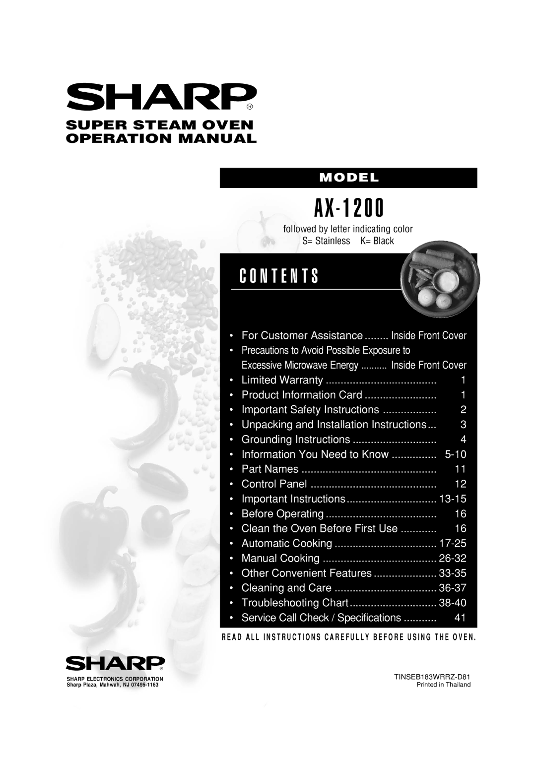 Sharp AX-1200K operation manual 1 2 0, N T E N T S 