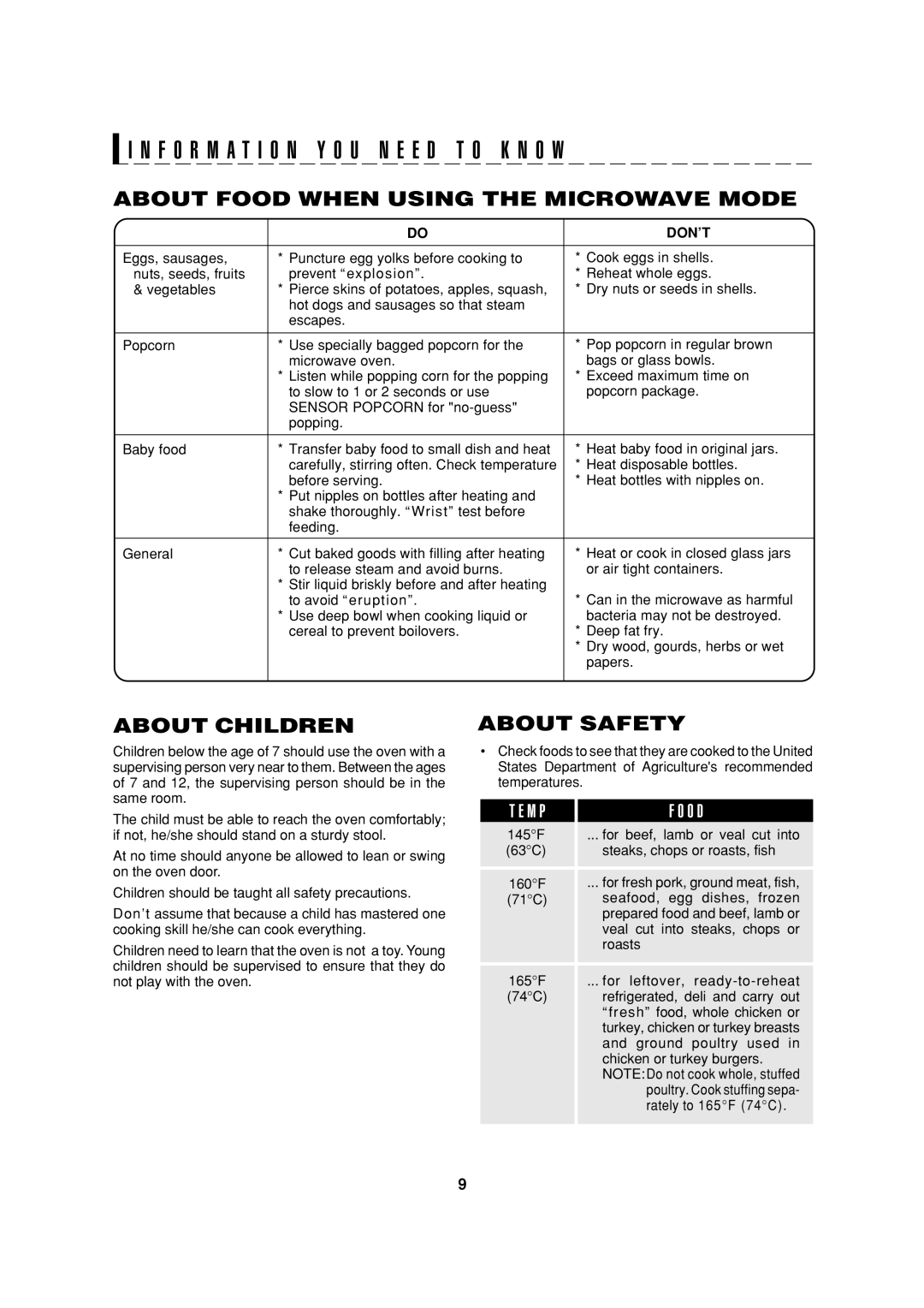 Sharp AX-1200K operation manual About Food When Using the Microwave Mode, About Children, About Safety, Don’T 