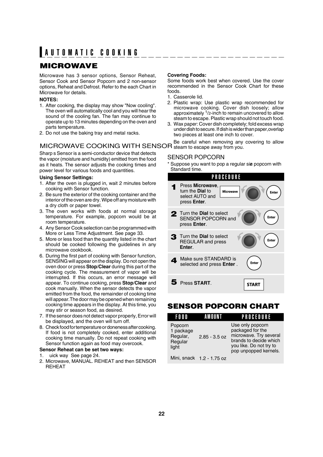 Sharp AX-1200K operation manual Sensor Popcorn Chart, Microwave Cooking with Sensor 