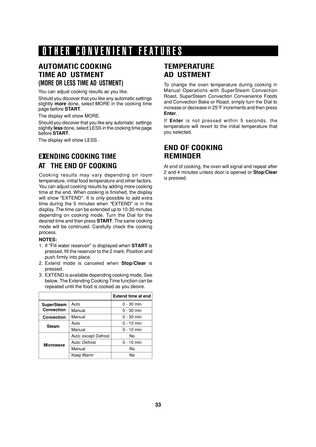 Sharp AX-1200K operation manual H E R C O N V E N I E N T F E a T U R E S, Temperature Adjustment, END of Cooking Reminder 