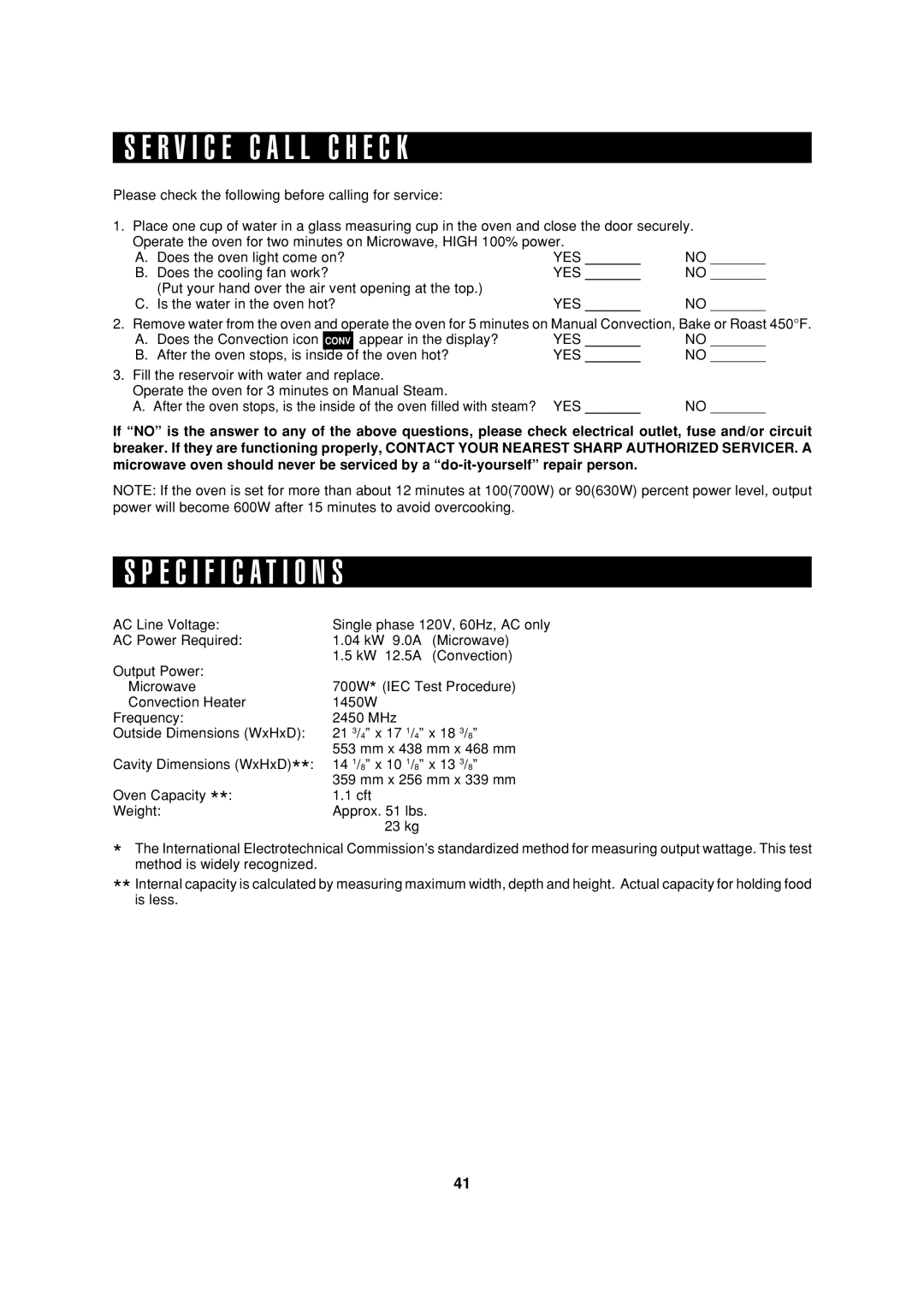 Sharp AX-1200K operation manual R V I C E C a L L C H E C K, Specification S, Yes 