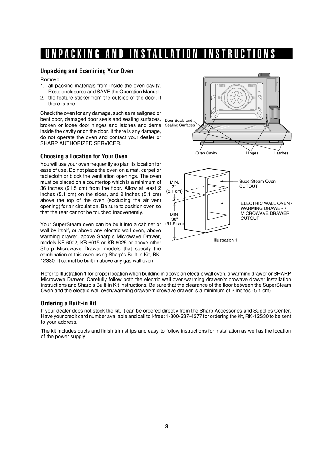 Sharp AX-1200K Unpacking and Examining Your Oven, Choosing a Location for Your Oven, Ordering a Built-in Kit 