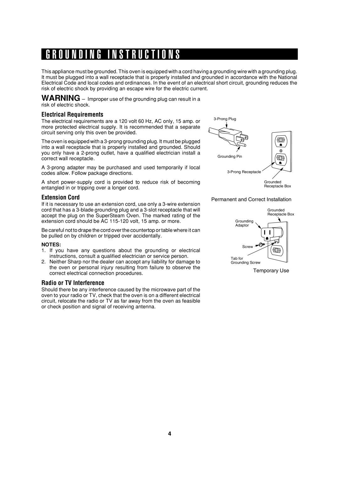 Sharp AX-1200 O U N D I N G I N S T R U C T I O N S, Electrical Requirements, Extension Cord, Radio or TV Interference 