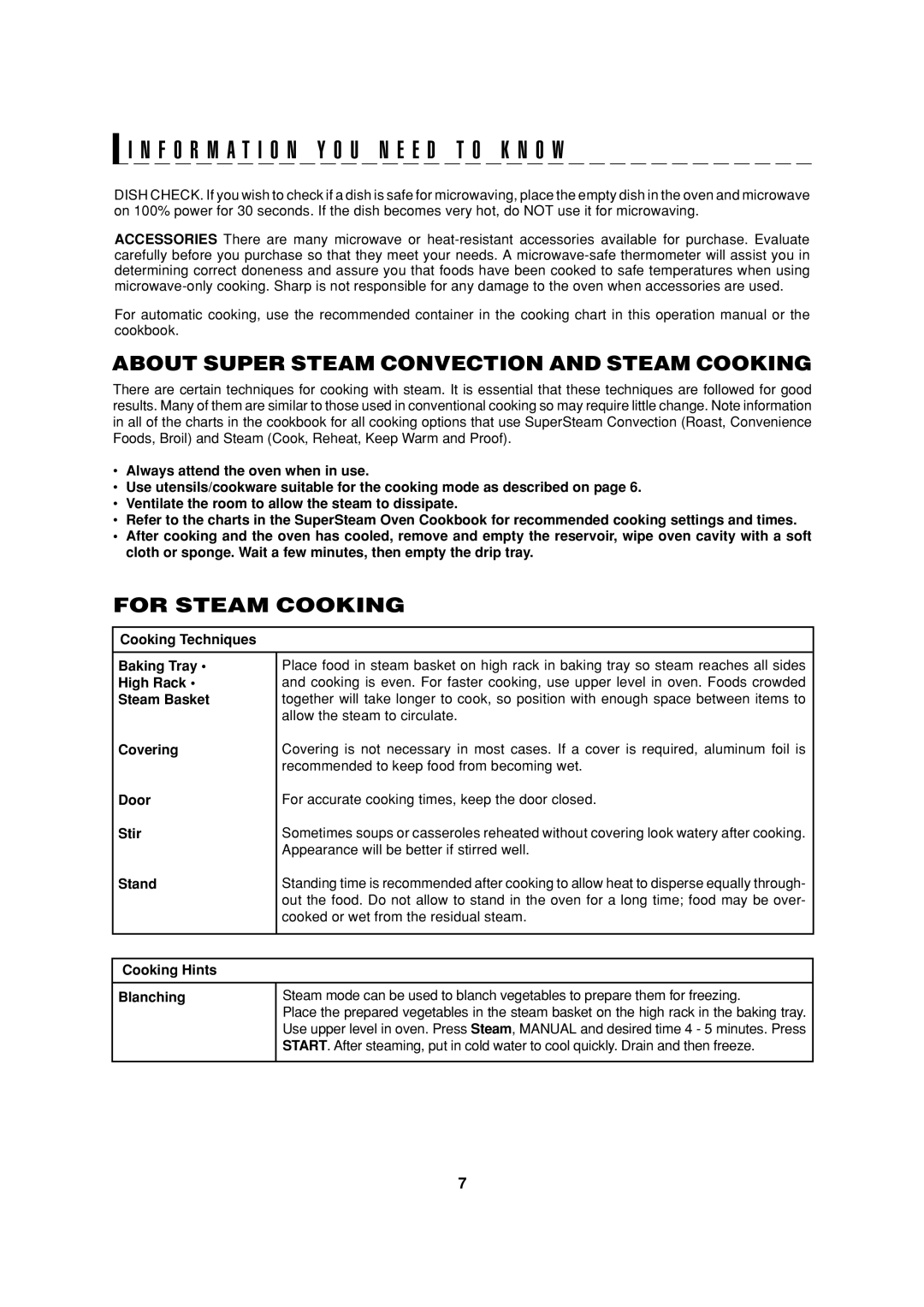 Sharp AX-1200K operation manual About Super Steam Convection and Steam Cooking, For Steam Cooking 