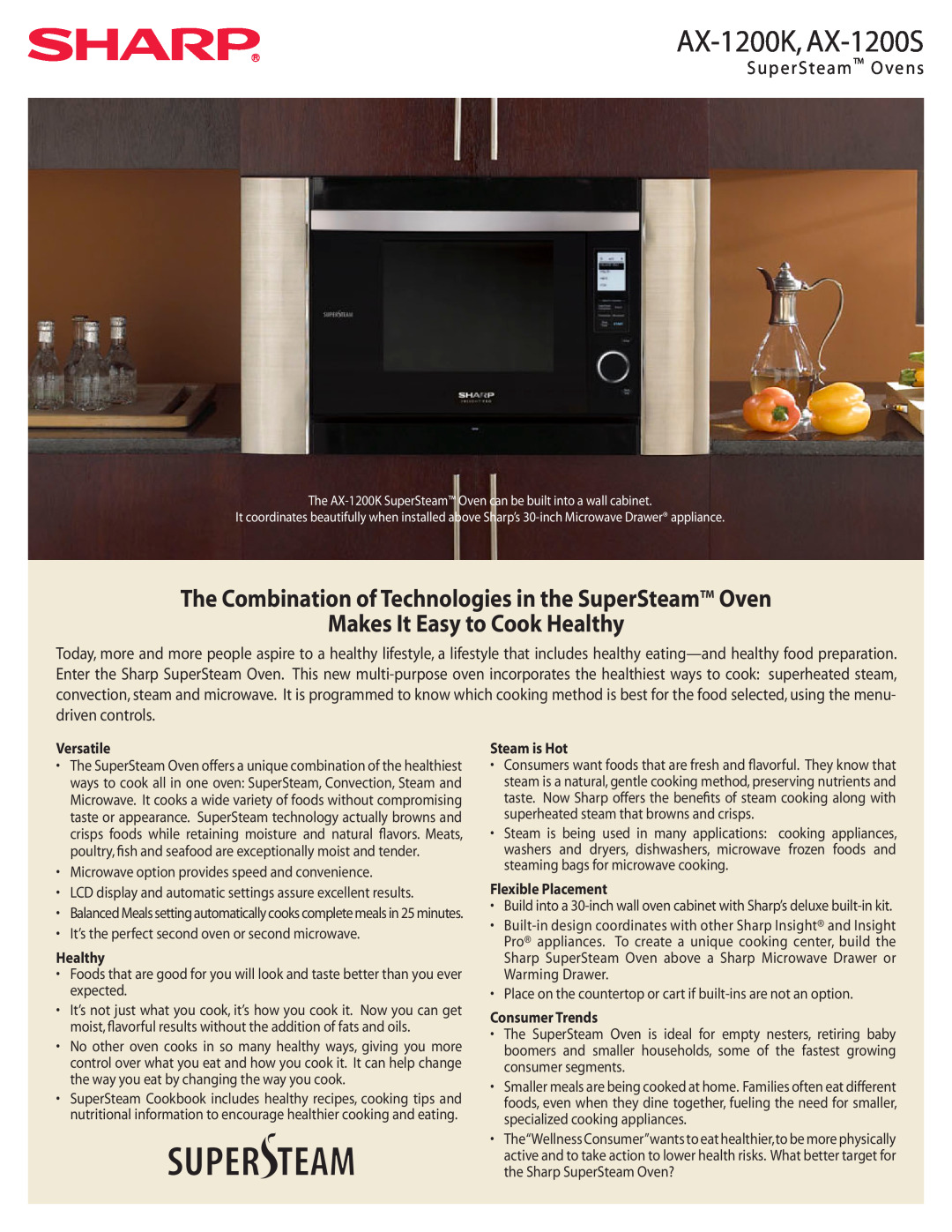 Sharp manual SuperSteam Ovens, AX-1200K, AX-1200S, Makes It Easy to Cook Healthy, Versatile, Steam is Hot 