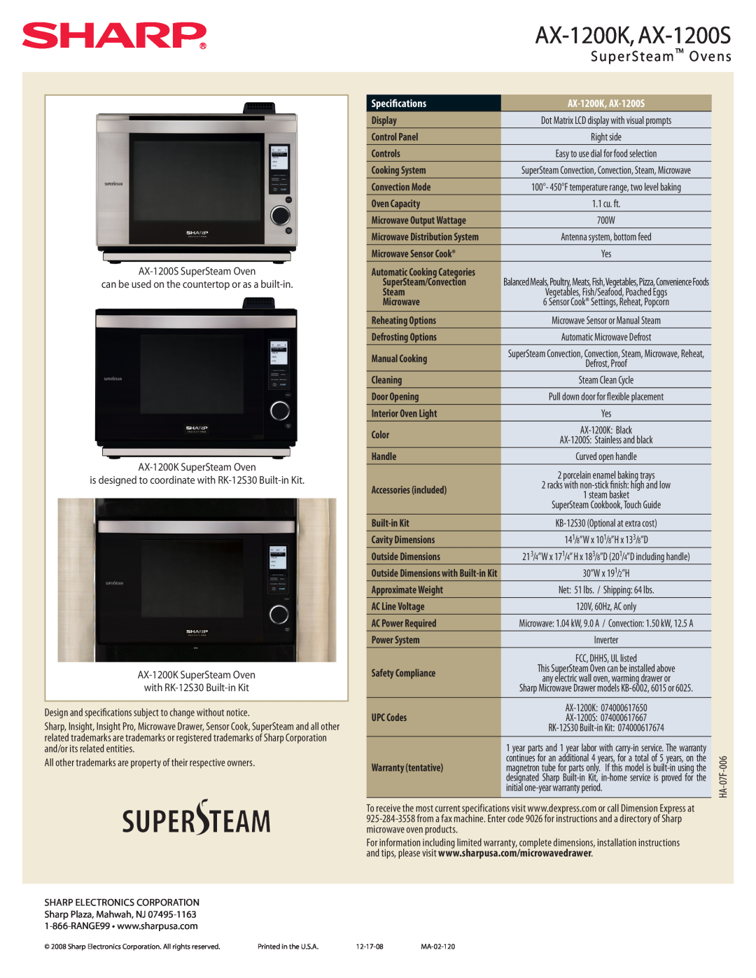 Sharp manual AX-1200K, AX-1200S, SuperSteam Ovens, Specifications 