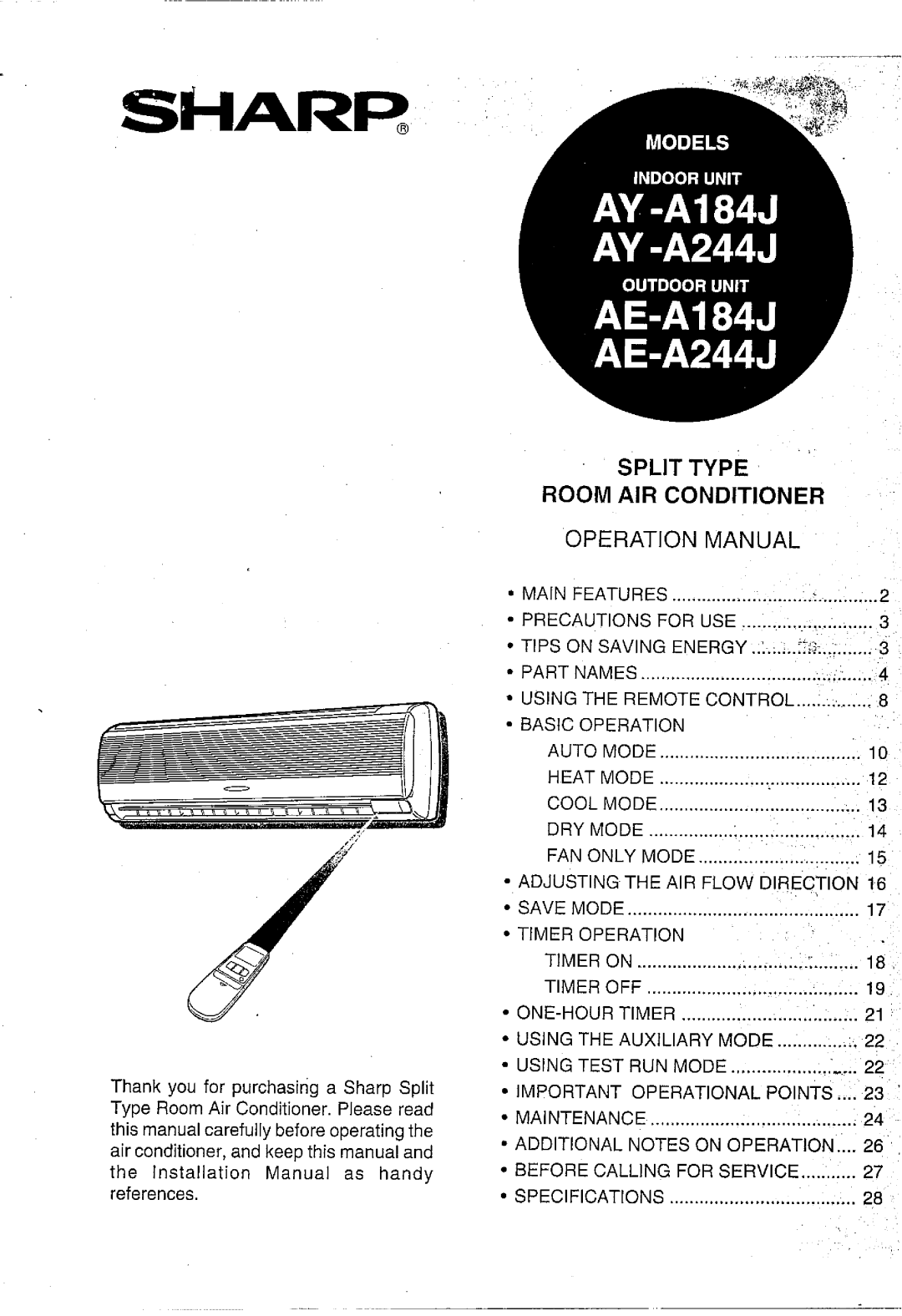 Sharp AY-A184J, AY-A244J, AE-A184J, AE-A244J manual 