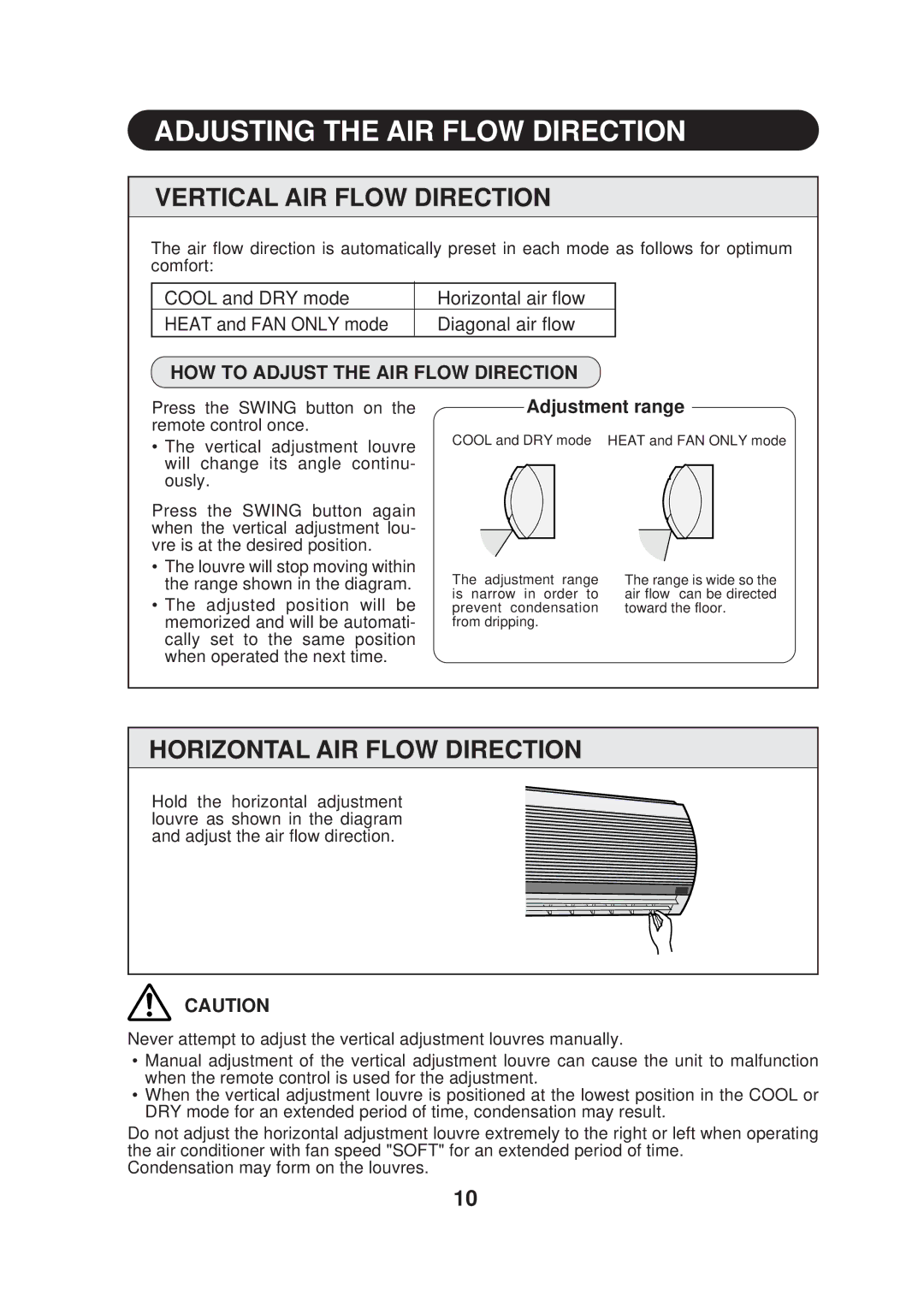 Sharp AY-AP09DJ, AE-A09DJ Adjusting the AIR Flow Direction, Vertical AIR Flow Direction, Horizontal AIR Flow Direction 