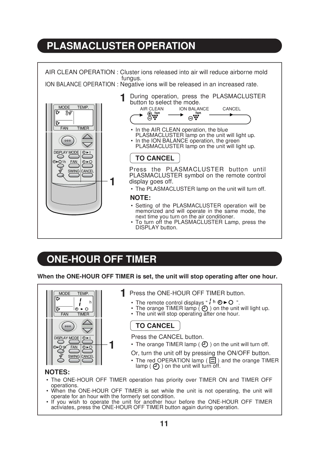 Sharp AE-A09DJ, AY-AP09DJ operation manual Plasmacluster Operation, ONE-HOUR OFF Timer, To Cancel 