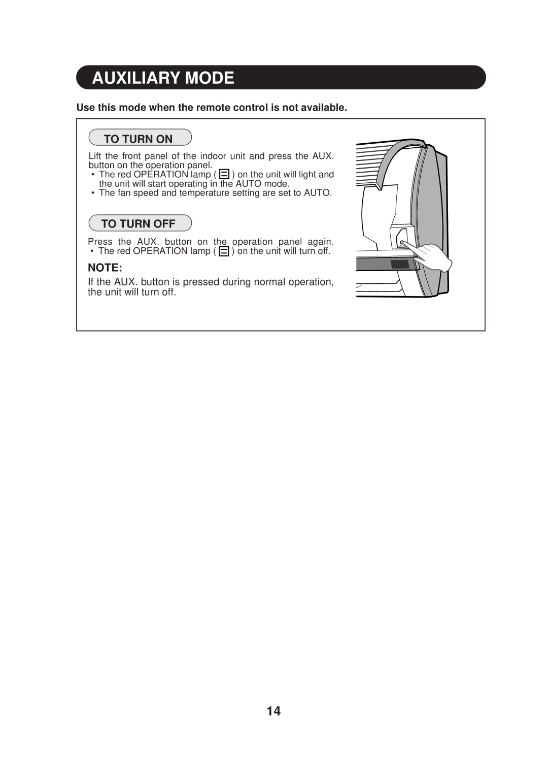 Sharp AY-AP09DJ, AE-A09DJ operation manual Auxiliary Mode, To Turn on, To Turn OFF 