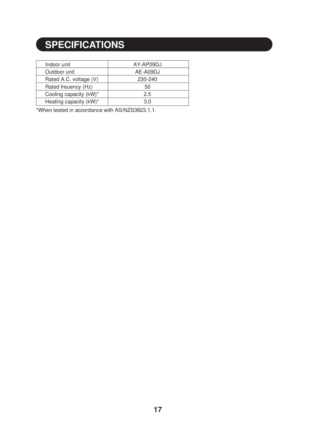 Sharp AE-A09DJ, AY-AP09DJ operation manual Specifications 