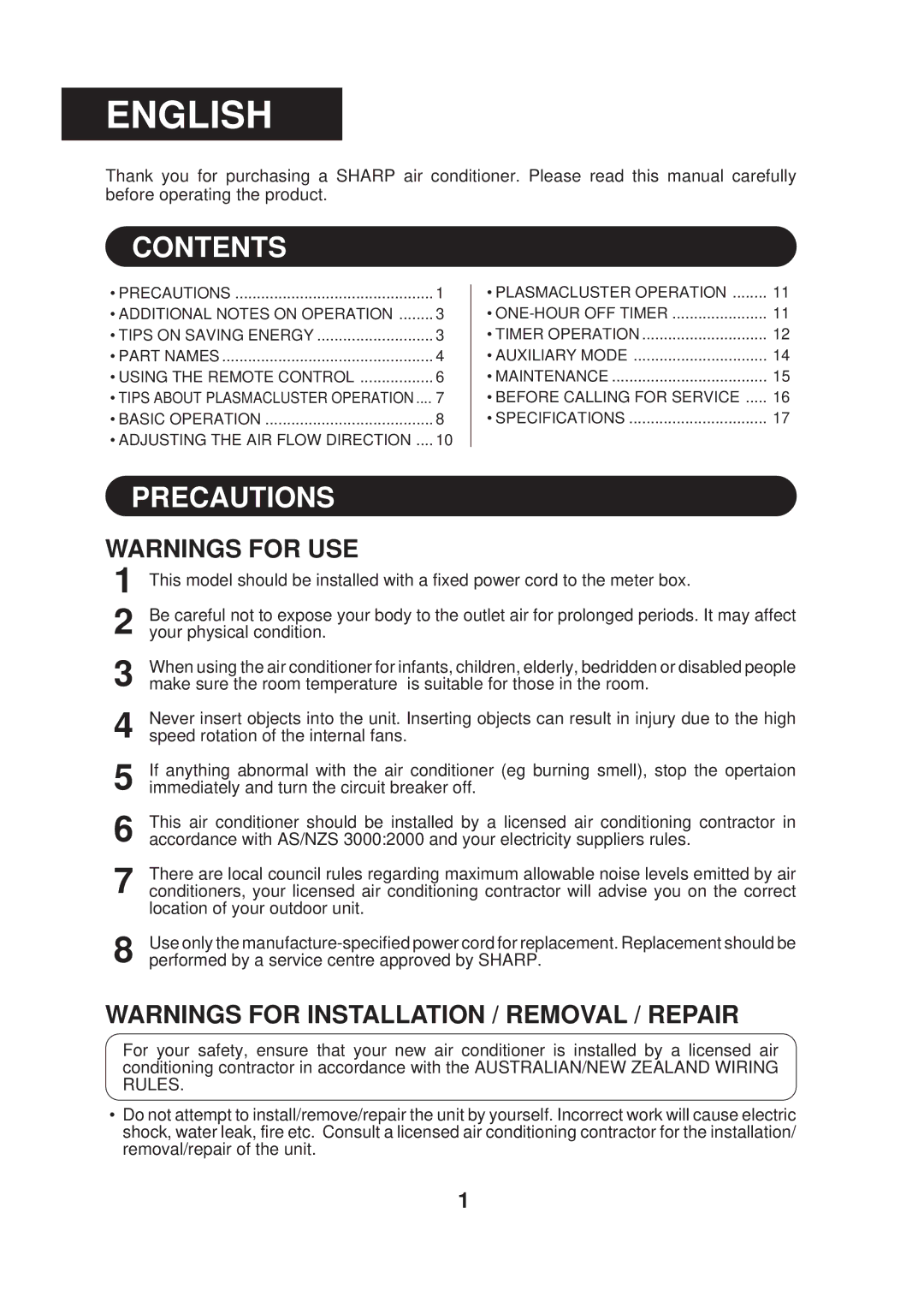 Sharp AE-A09DJ, AY-AP09DJ operation manual Contents, Precautions 