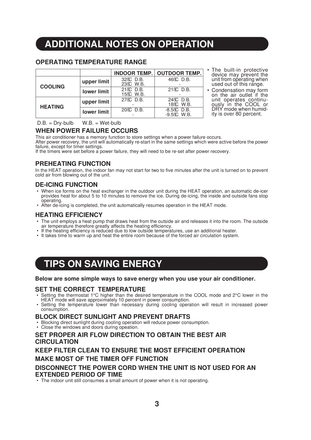 Sharp AE-A09DJ, AY-AP09DJ operation manual Additional Notes on Operation, Tips on Saving Energy 