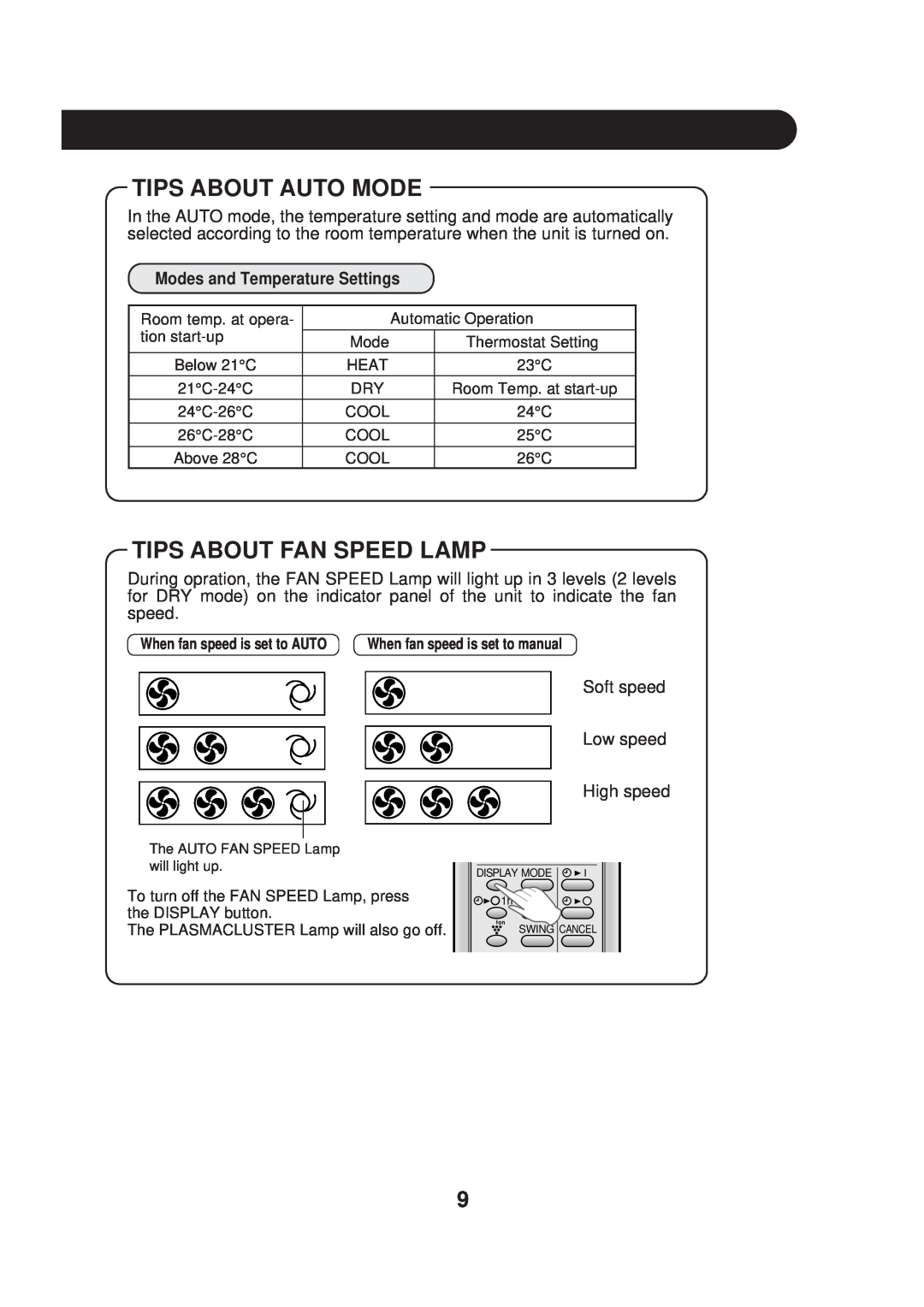 Sharp AE-A09DJ, AY-AP09DJ operation manual Tips About Auto Mode, Tips About Fan Speed Lamp, Modes and Temperature Settings 