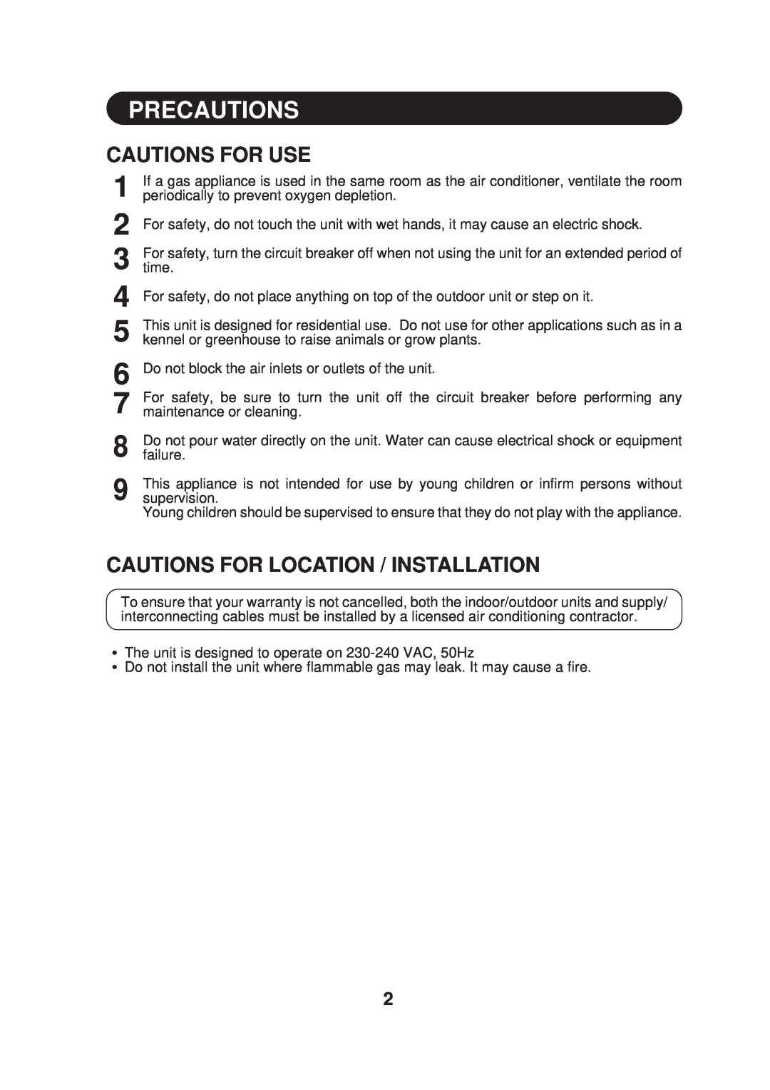 Sharp AY-AP09DJ, AE-A09DJ operation manual Cautions For Use, Cautions For Location / Installation, Precautions 