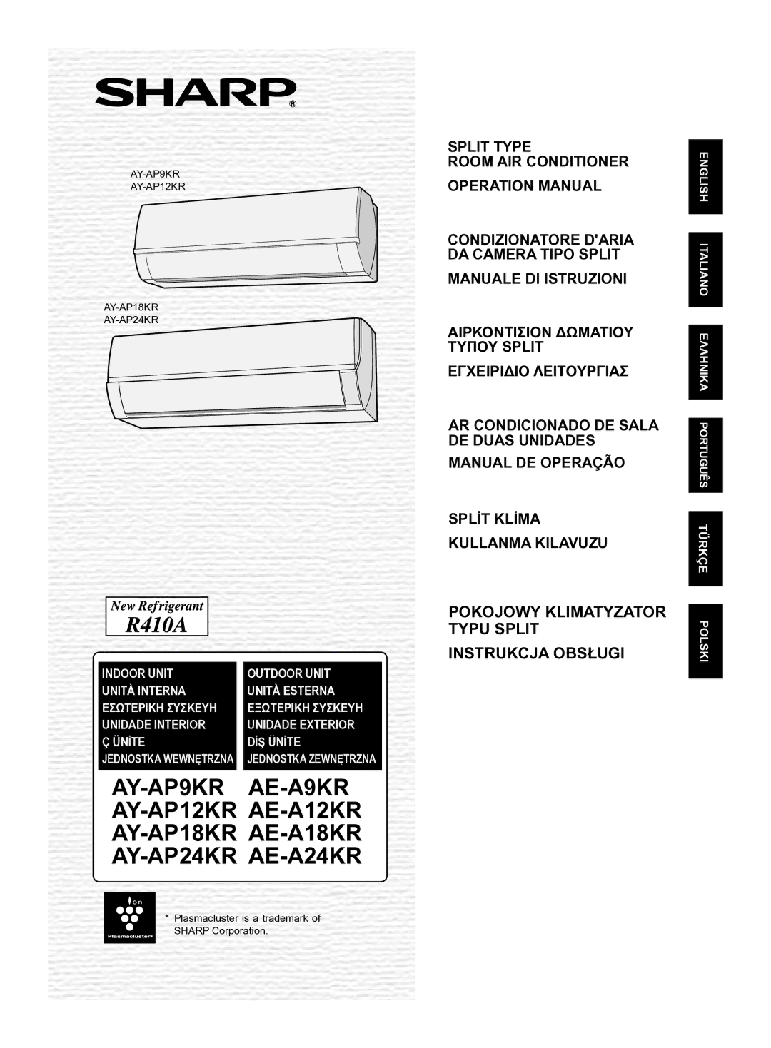 Sharp AY-AP18KR, AY-AP24KR, AE-A18KR, AE-A12KR, AE-A24KR operation manual AY-AP9KR AE-A9KR AY-AP12KR 