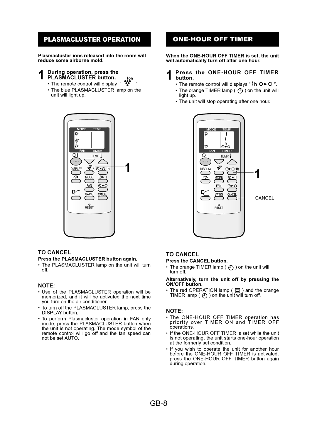 Sharp AY-AP12KR, AY-AP24KR, AY-AP18KR, AY-AP9KR GB-8, ONE-HOUR OFF Timer, During operation, press the Plasmacluster button 