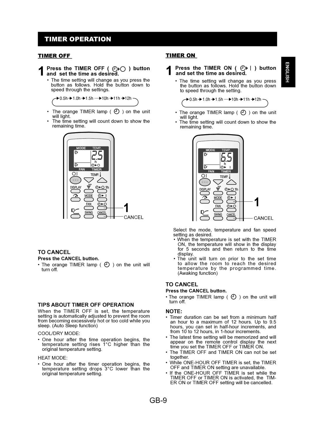 Sharp AY-AP9KR, AY-AP24KR, AY-AP18KR, AY-AP12KR, AE-A9KR GB-9, Timer Operation, Timer on, Tips about Timer OFF Operation 