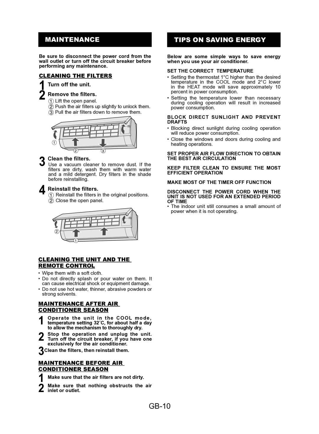 Sharp AE-A9KR, AY-AP24KR, AY-AP18KR, AY-AP12KR, AY-AP9KR, AE-A18KR, AE-A12KR, AE-A24KR GB-10, Maintenance, Tips on Saving Energy 