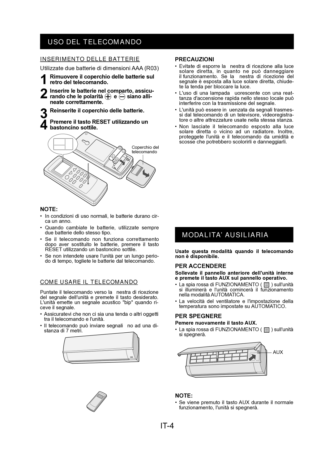 Sharp AY-AP12KR, AY-AP24KR, AY-AP18KR, AY-AP9KR IT-4, USO DEL Telecomando, MODALITA’ Ausiliaria, PER Accendere, PER Spegnere 