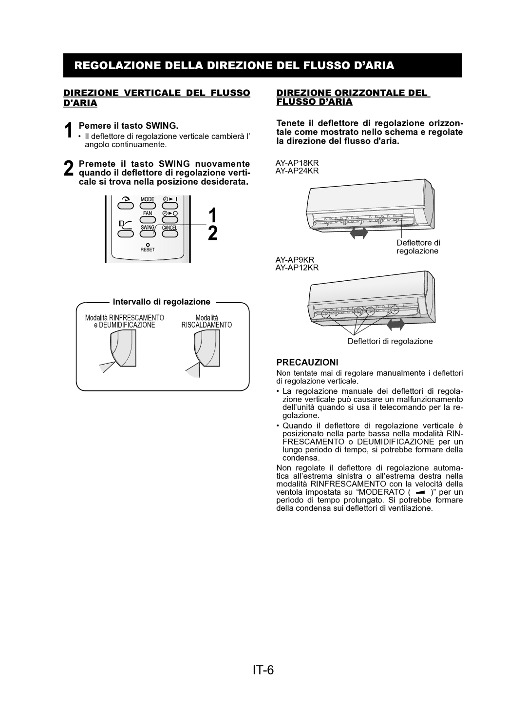 Sharp AE-A9KR, AY-AP24KR IT-6, Regolazione Della Direzione DEL Flusso D’ARIA, Direzione Verticale DEL Flusso Daria 